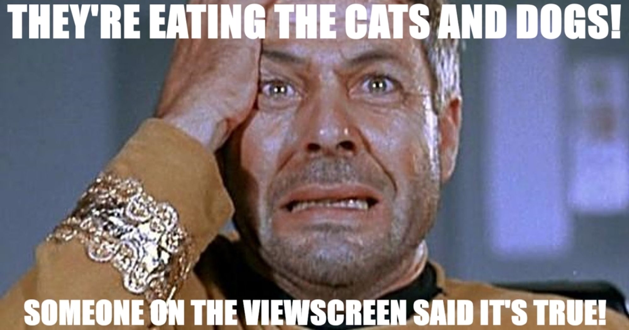 Commodore Decker: THEY'RE EATING THE CATS AND DOGS! SOMEONE ON THE VIEWSCREEN SAID IT'S TRUE!