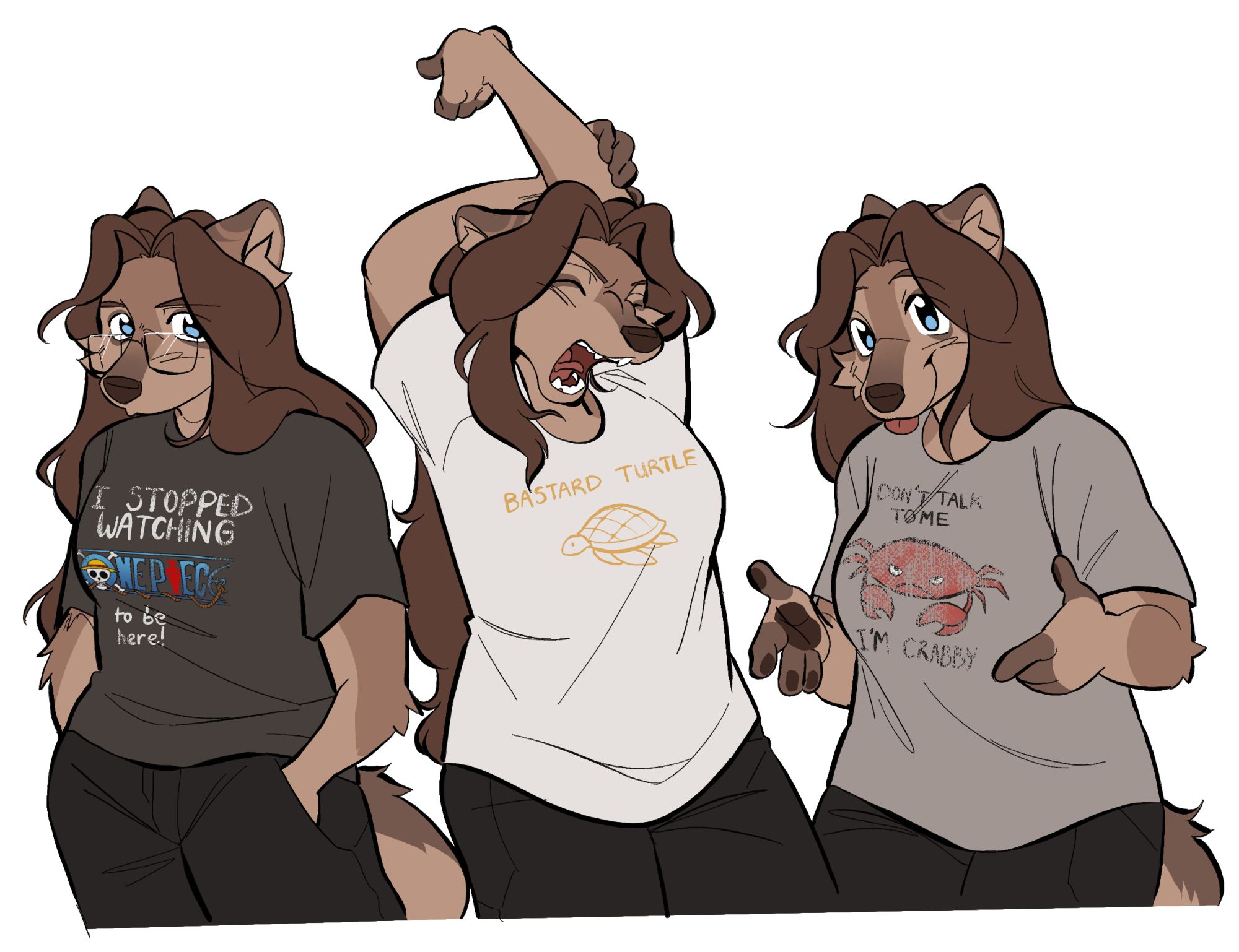 three halfbody illustrations of the same character in a row, from mid-thigh up. the character is an anthro wolf girl with long, slightly wavy hair. from left to right: slightly slumped and pouting at the viewer with her hands in her pockets, she's wearing large, square glasses, jeans and a tshirt that has a graphic that reads "I stopped watching One Piece to be here!", one where she is stretching with one hand above her head and the other hooked around her arm while she yawns, she's wearing jeans and a t-shirt that says "bastard turtle" with a graphical image of a sea turtle underneath, and one where she is smiling at the viewer with her tongue poking out, gesturing towards her tshirt that reads "don't talk to me, I'm crabby" with a cartoon crab illustration.