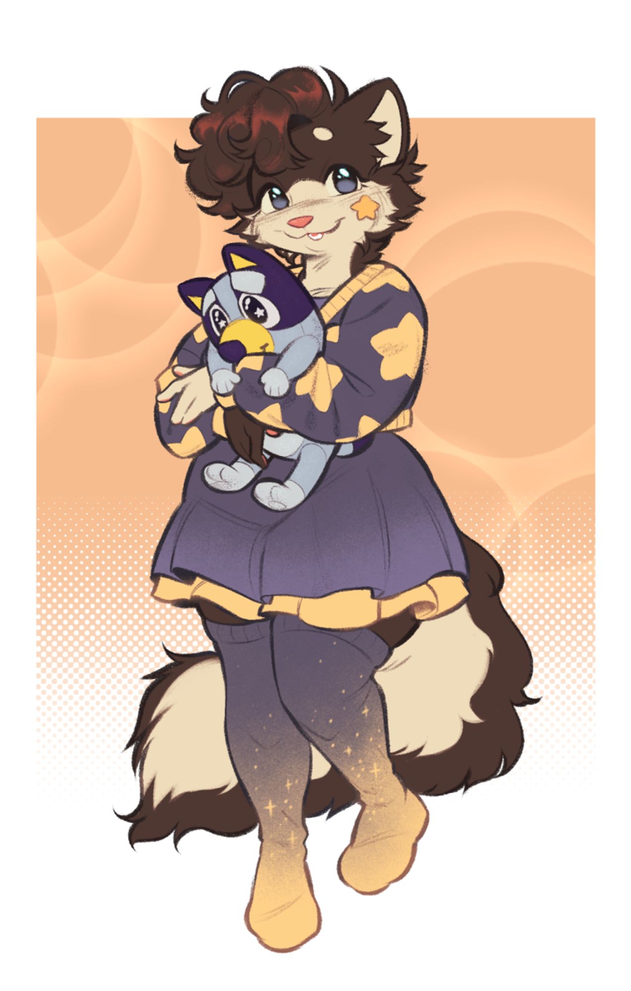 an anthro cat girl wearing a comfy sweater, a poofy skirt and holding a bluey plushie, smiling at the viewer