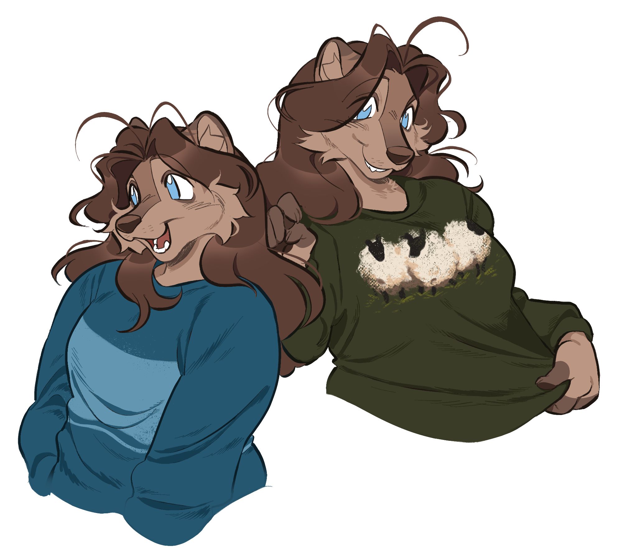 two illustrations of a character from the waist up, the character is a wolf girl with long, wavy hair, wearing two different comfy sweaters, one of which has sheep on it, the other with stripes. 