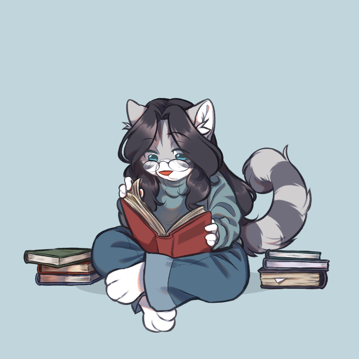 an anthropomorphic grey tabby cat girl wearing round glasses sits cross-legged on the floor reading a book, with a calm expression and two piles of books either side of her. she's wearing baggy jeans and a loose fitting jumper.