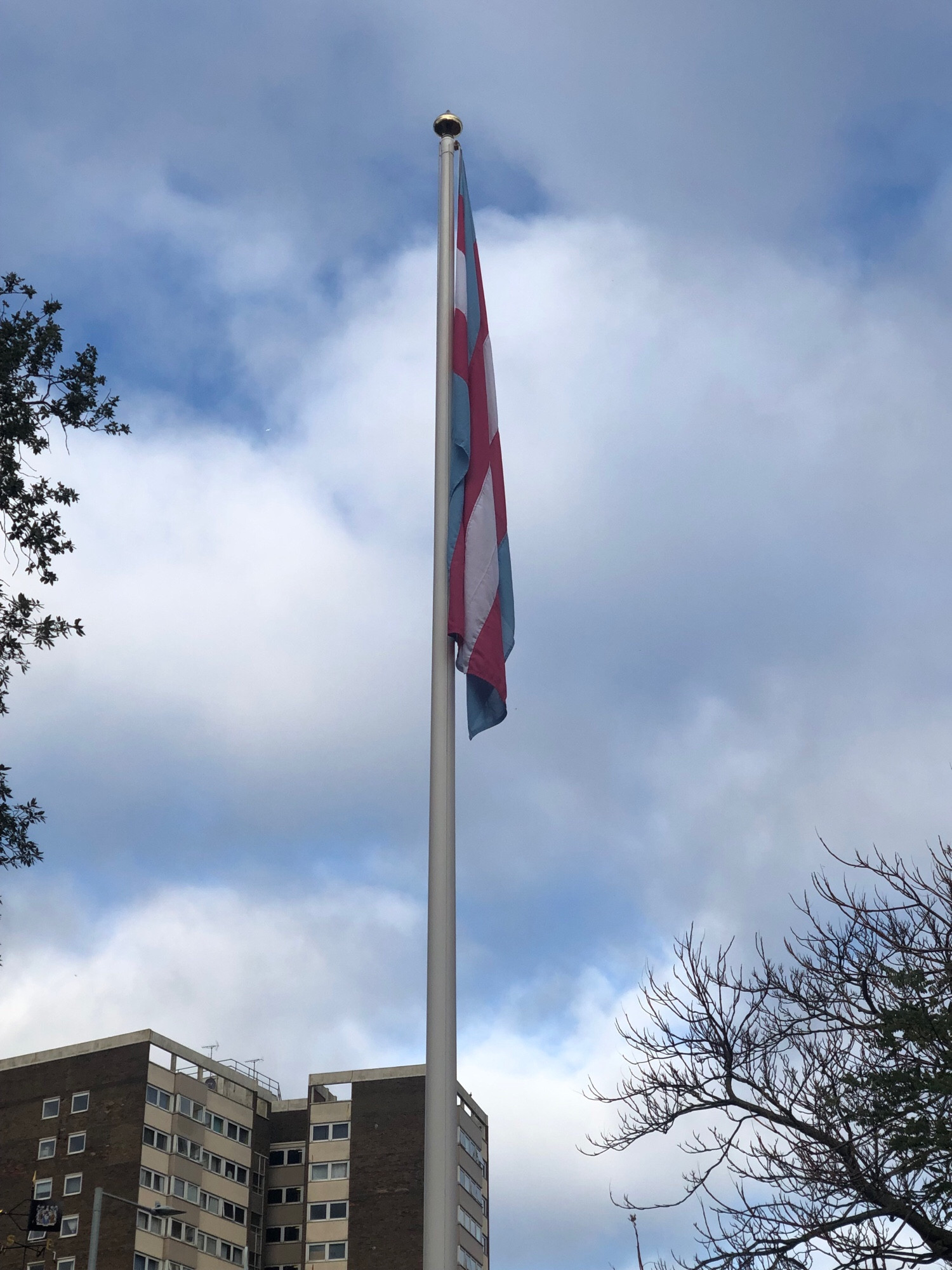 Trans flag hoisted but dangling sadly to mark Trans day of Remembrance. Tower block and clouds in the background.