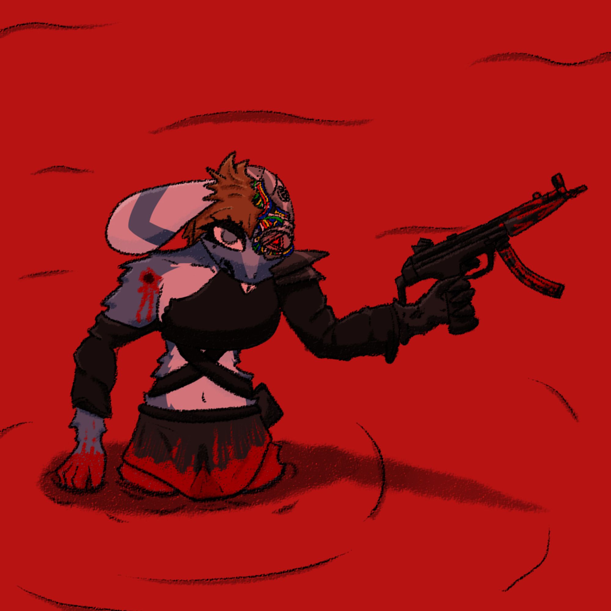 Lots of Blood; Original Character Rain The Bunshark, in her Cybernetic Future, Trekking Through Lake Of Blood On A Red Planet With An MP5 In One Hand And A Bullet Wound In The Other Shoulder.