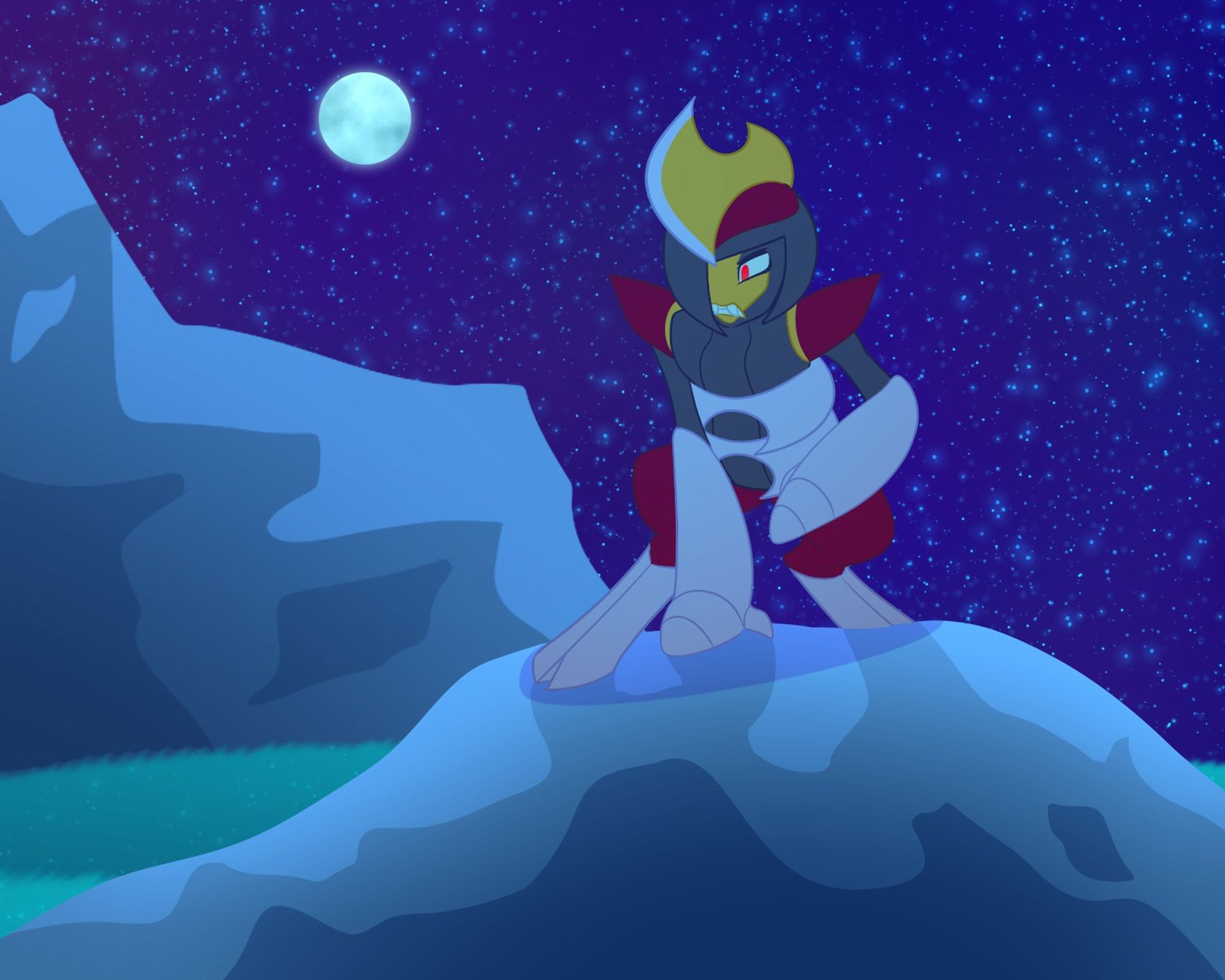 A Bisharp perches on a rock, it's a clear night full of stars. Half of his helmet is designed to cover half his face, and he is scowling.