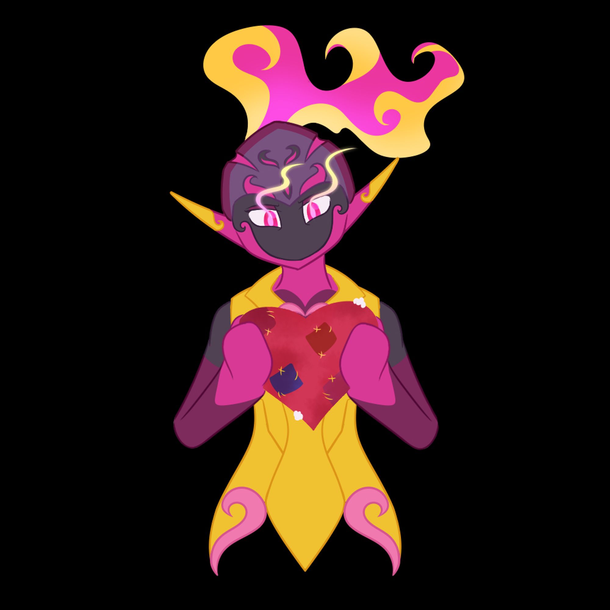 A bust of a pink Armarouge with yellow armor holds a plush heart. The heart is covered in red and one blue patch. There is a little bit of stuffing falling out.