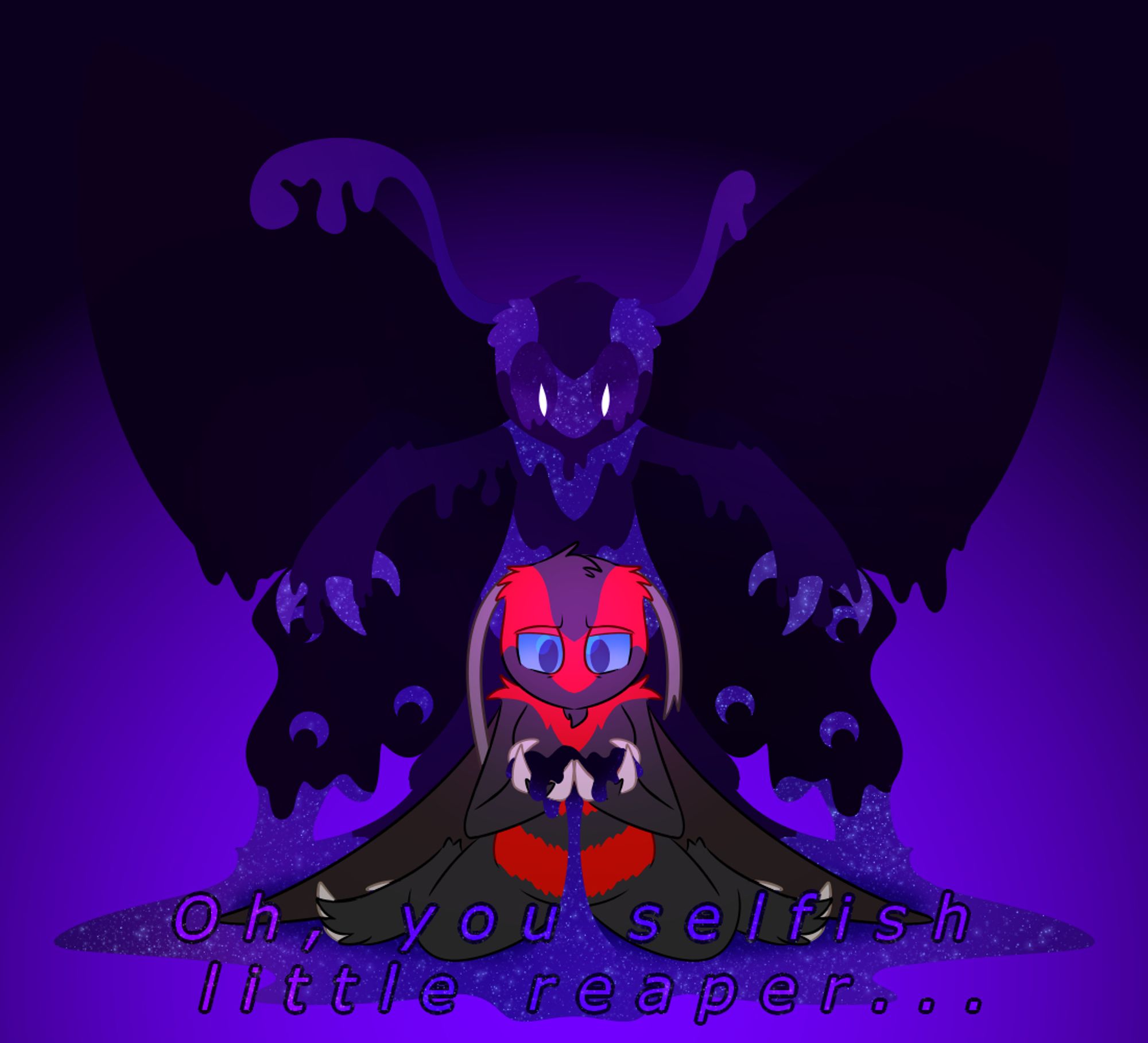 A black and red butterfly sits in a puddle of a purplish blue goo, full of stars. He looks sad. He holds a handful of the goo, black, while a black & purple starred shadow of himself looms behind.