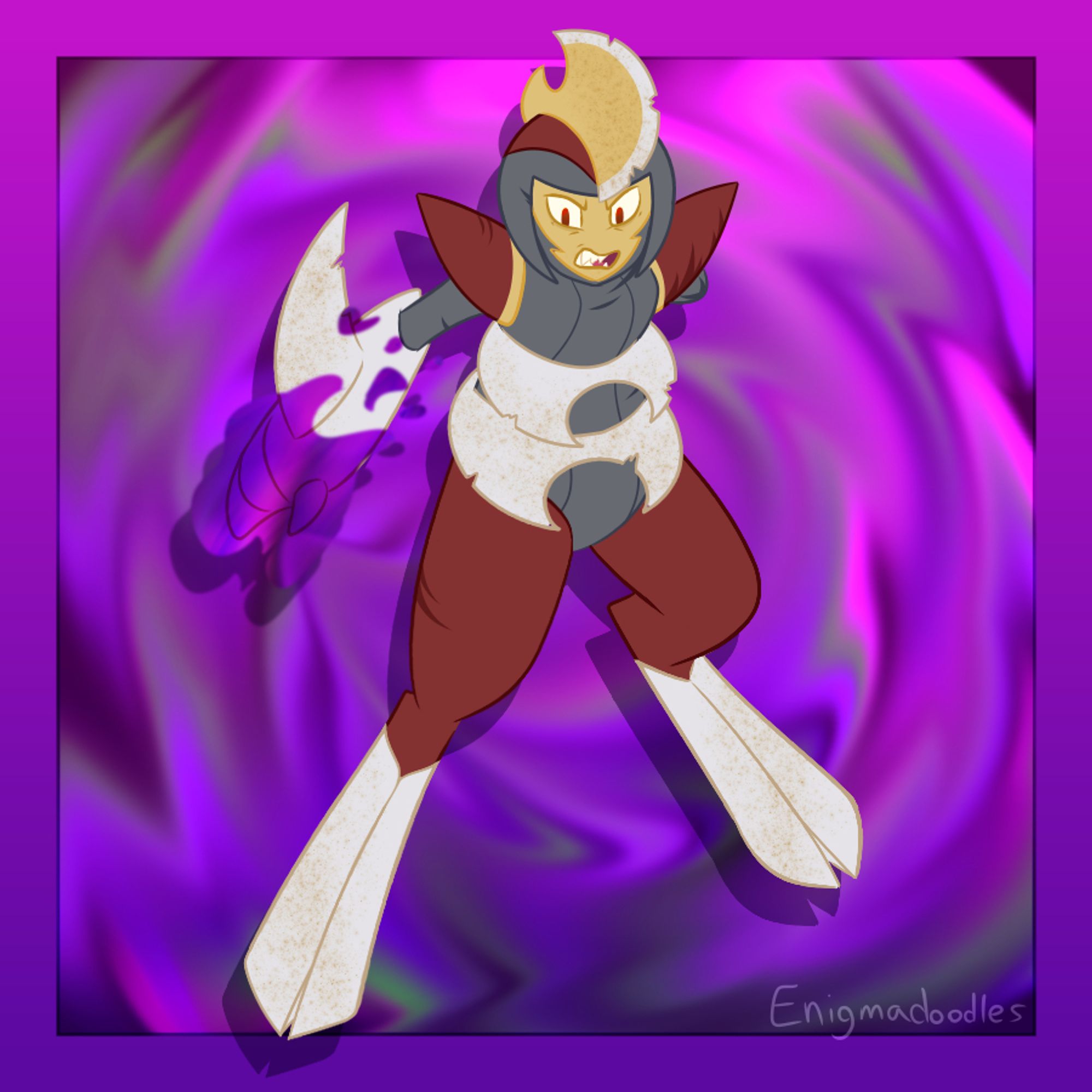 A Bisharp on a funky & swirly purple and pink background. The Bisharp is old and worn down, with several scars, chipped blades, and is missing his left arm and several teeth. Poison surrounds his right hand, as he uses the move poison jab.