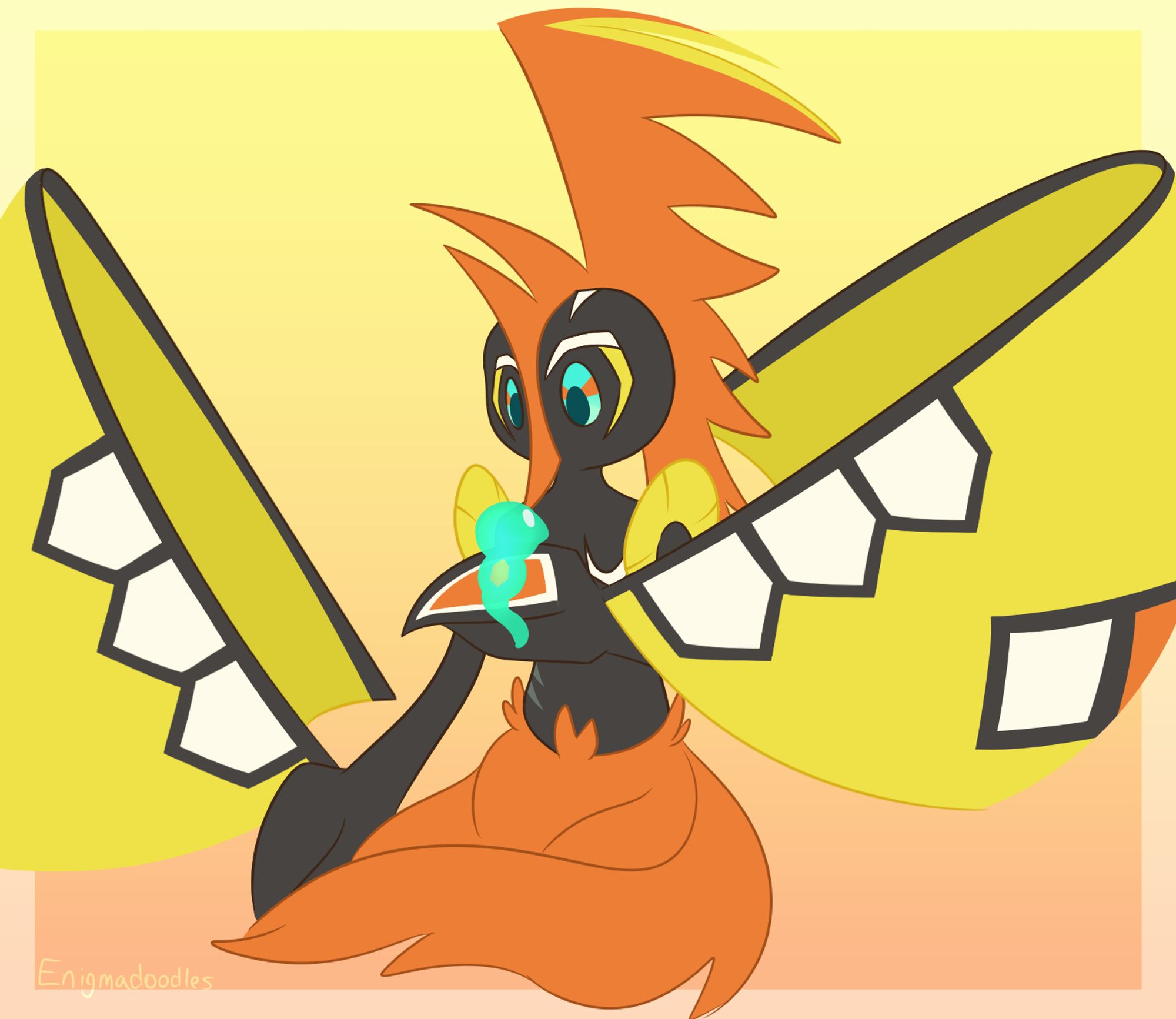 A Tapu Koko on a soft yellowish orange background. It's holding its beak-like hand in front of itself, where a Zygarde Core is balanced. They're staring at each other curiously.