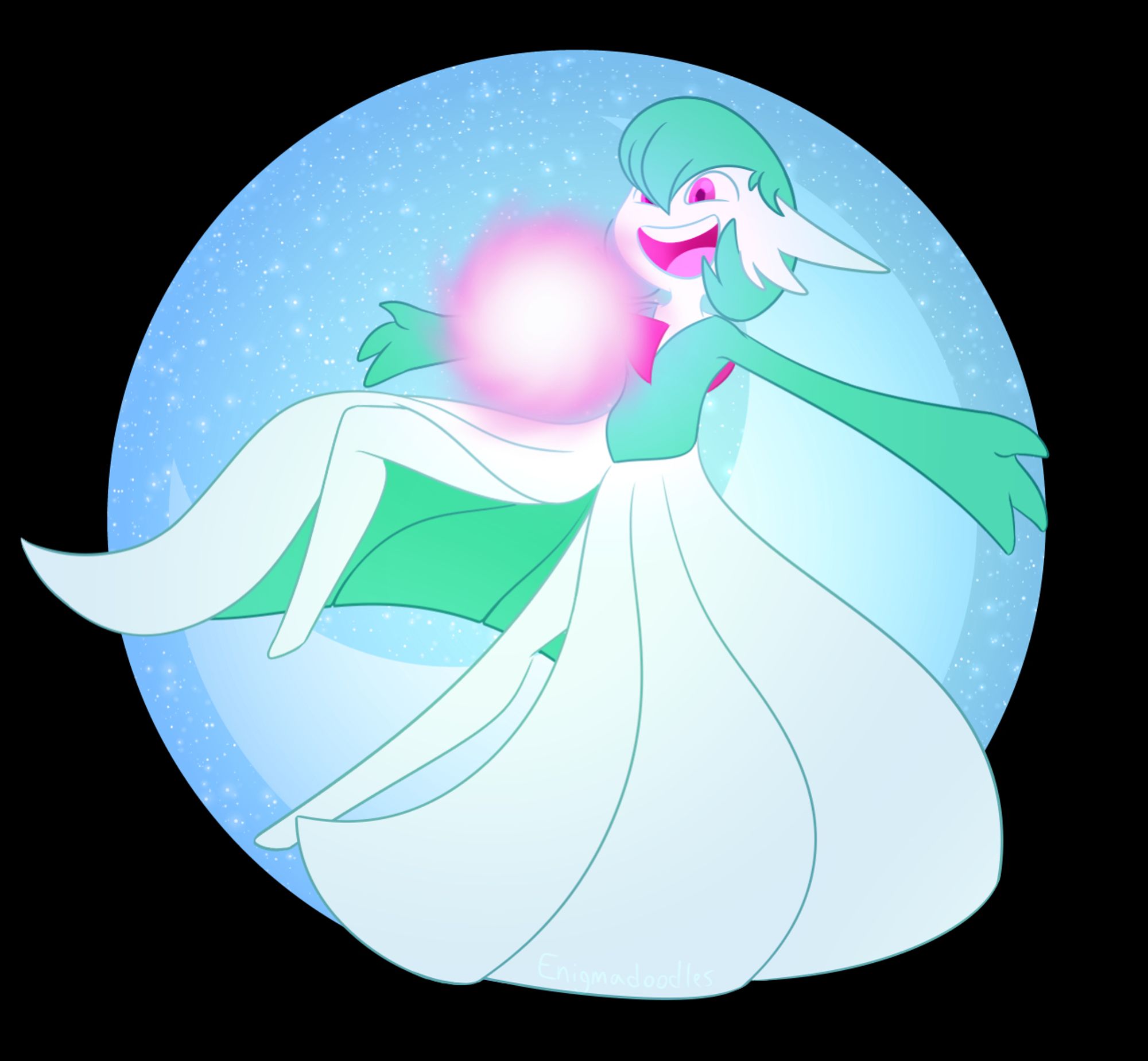 A Gardevoir on a light blue background, he is excitedly launching a moonblast