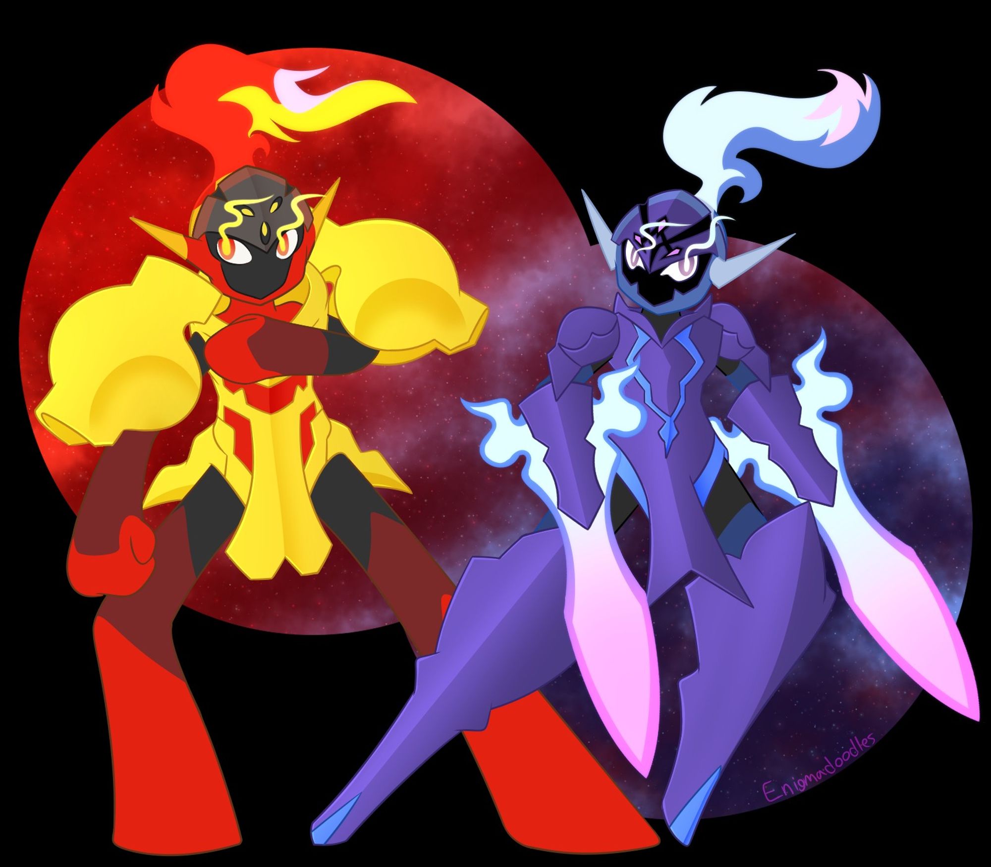 Two Pokemon, an Armarouge & a Ceruledge pose together on a red & bluish purple background