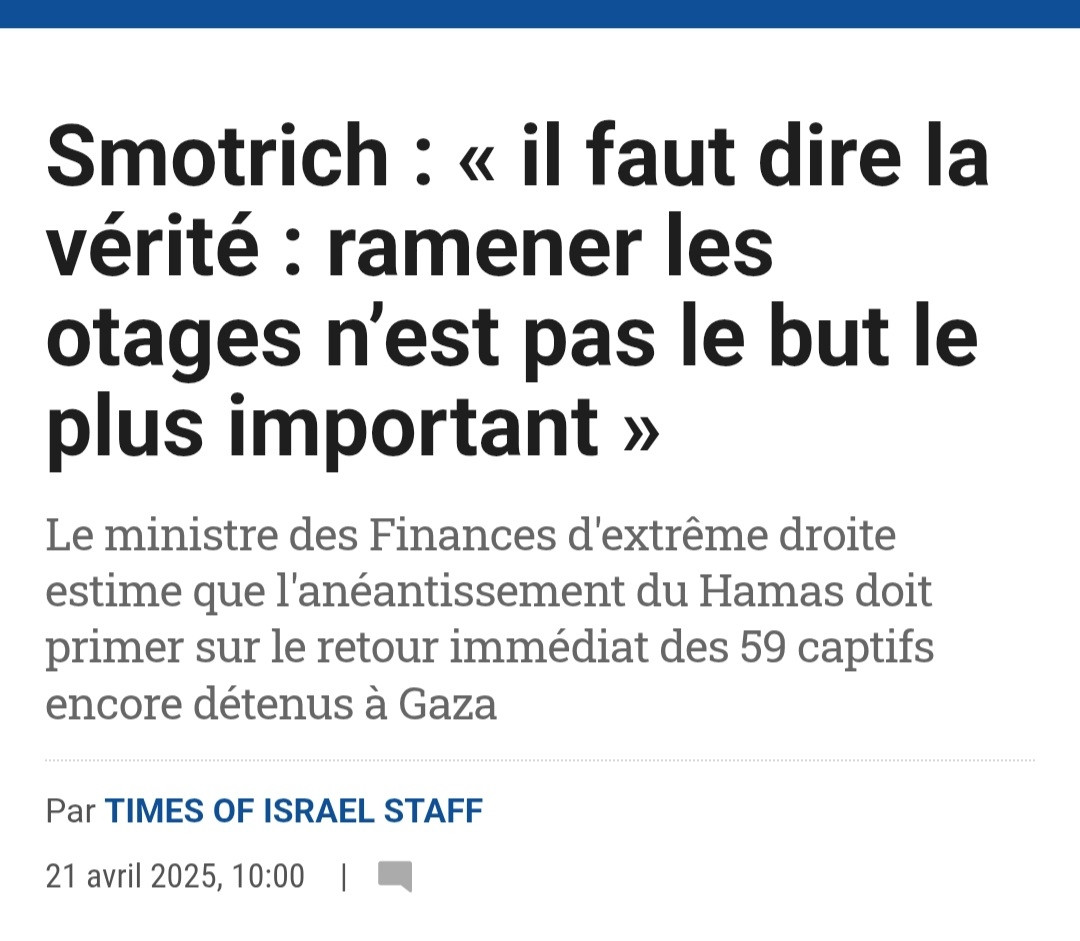 Smotrich déclaré "il faut dire la vérité : ramener les orages n'est pas le but le plus important". 
