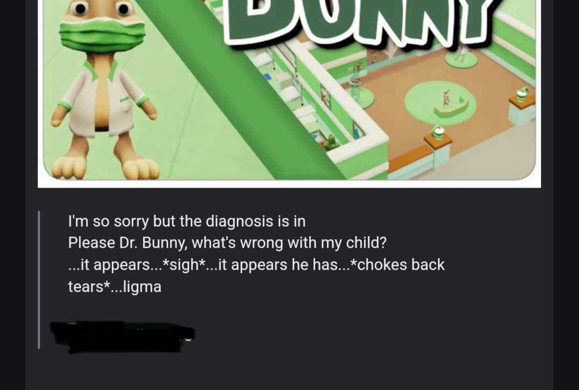 Artwork for the game “Dr. Bunny.” For a message my brother has written the following:
“I’m so sorry but the diagnosis is in.”
“Please Dr. Bunny, what’s wrong with my child?”
“…It appears… *sigh* … it appears he has… *chokes back tears* …ligma