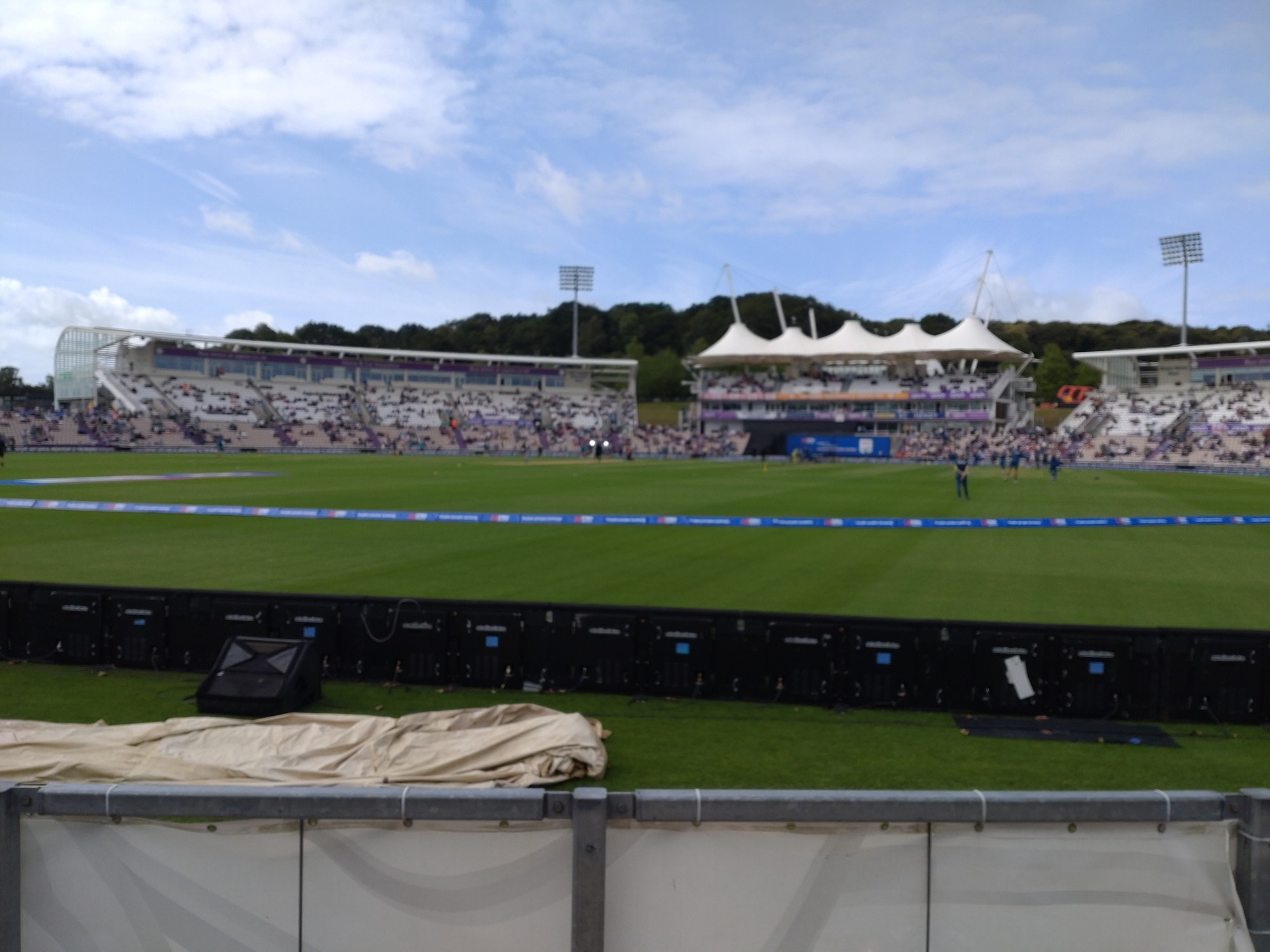 The view from the Hilton End towards the Pavilion at the Rose Bowl. England are warming up. 