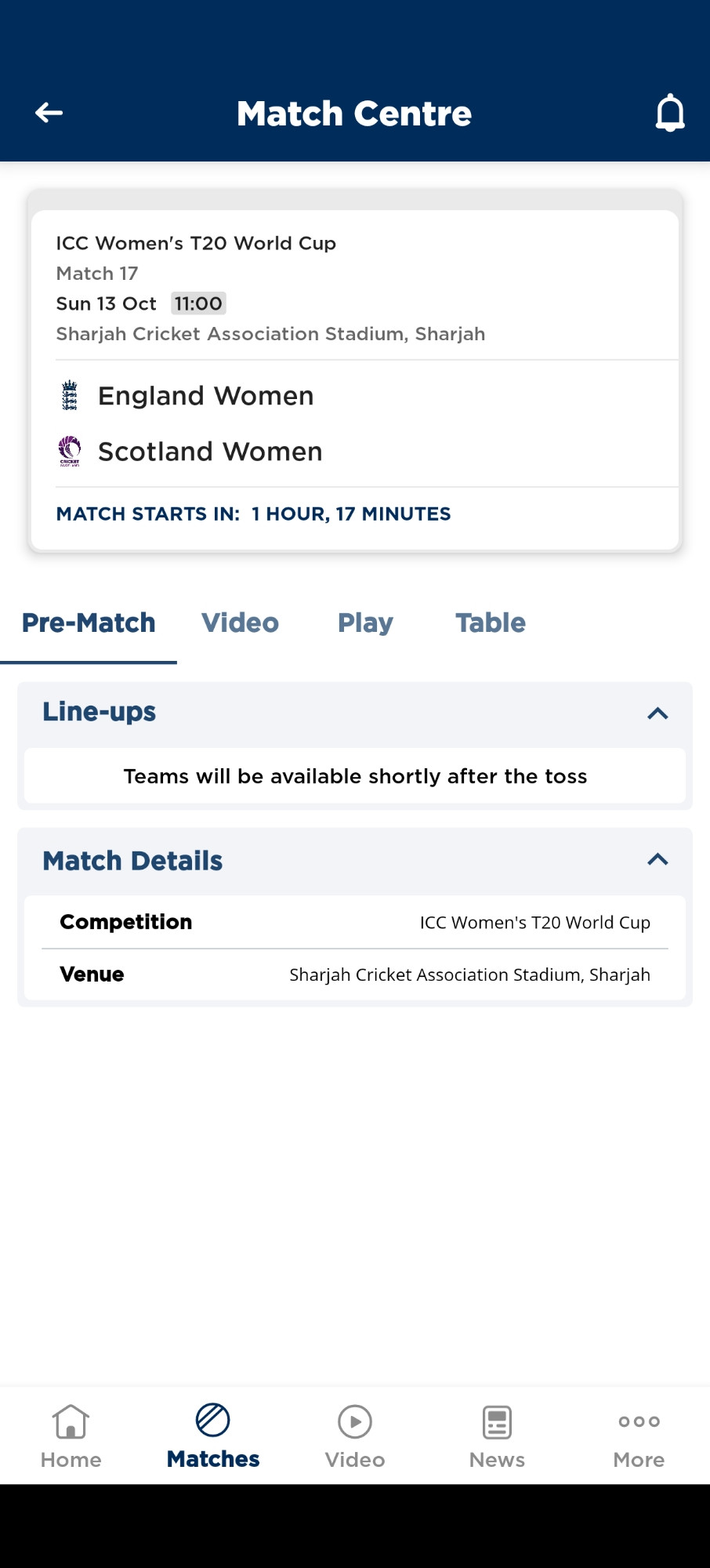 Screenshot from the ECB app. England Women v Scotland women, T20 World Cup. Match starts in an hour and 17 minutes. 