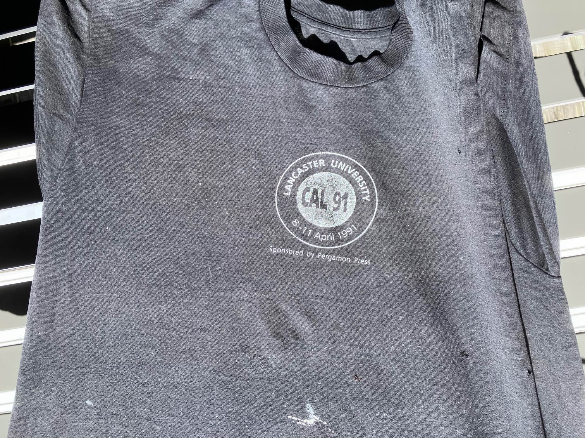 Very old, paint-stained and beaten-up t-shirt from the CAL 91 conference, held at Lancaster University in the UK