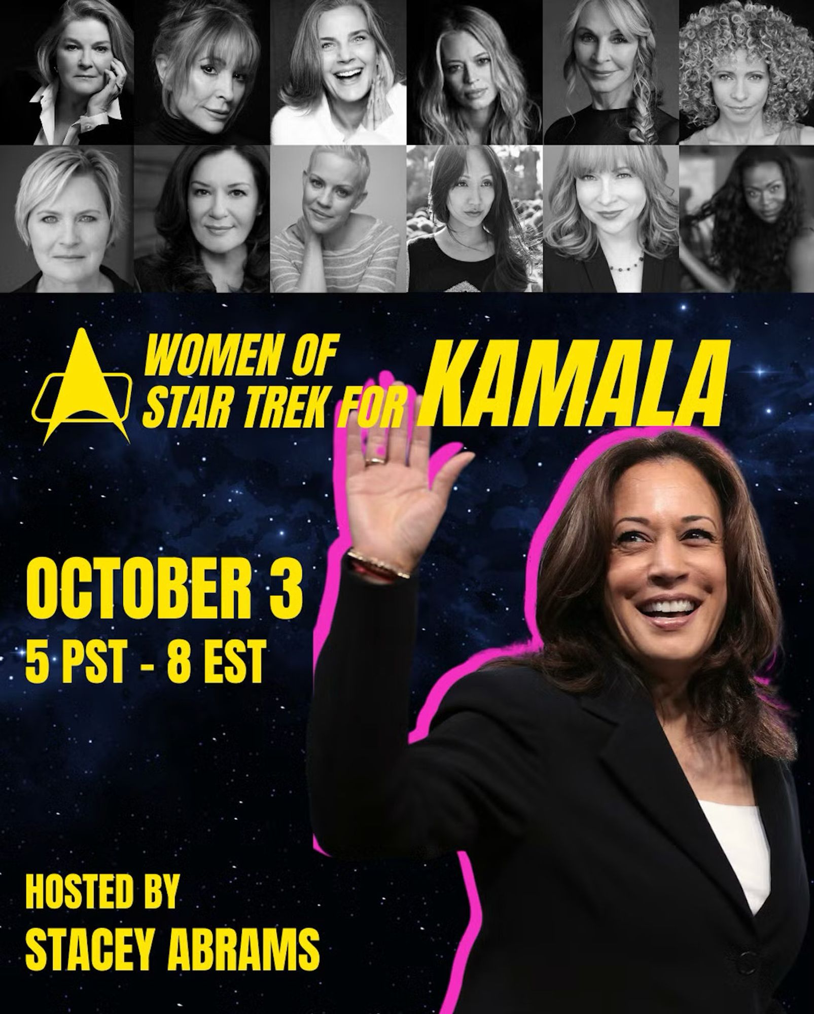 Excited to join the **Women of Star Trek for Kamala** event on October 3rd! 🚀 Some of my favorite *Star Trek* women will be there, and it’s all in support of Kamala Harris’s presidential campaign. If you’re a Trek fan, you won’t want to miss this! Registration link: [bit.ly/trekforkamala](https://bit.ly/trekforkamala)  #Kamala2024 #WomenofStarTrekforKamala