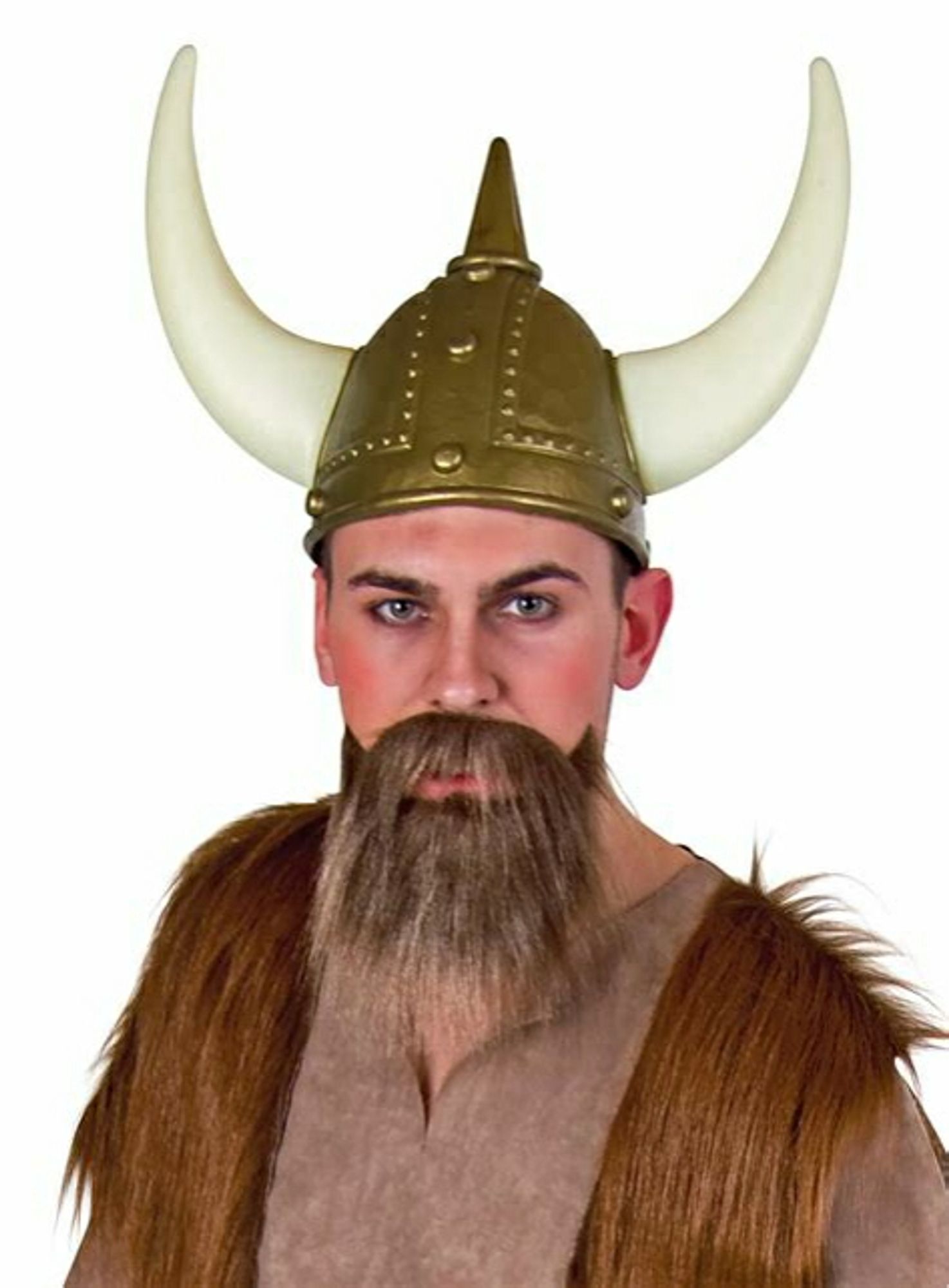 Guy wearing a fairly cheap looking fake horned viking helmet and false beard