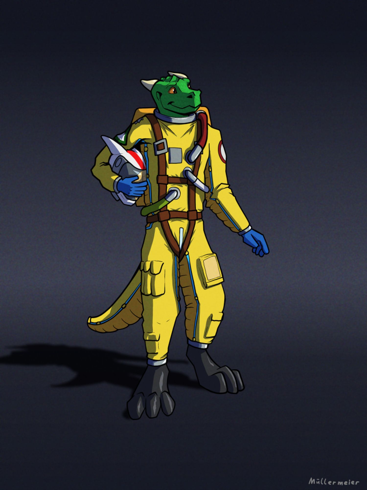 Digital art of a green lizard anthro in a yellow pressure suit. 