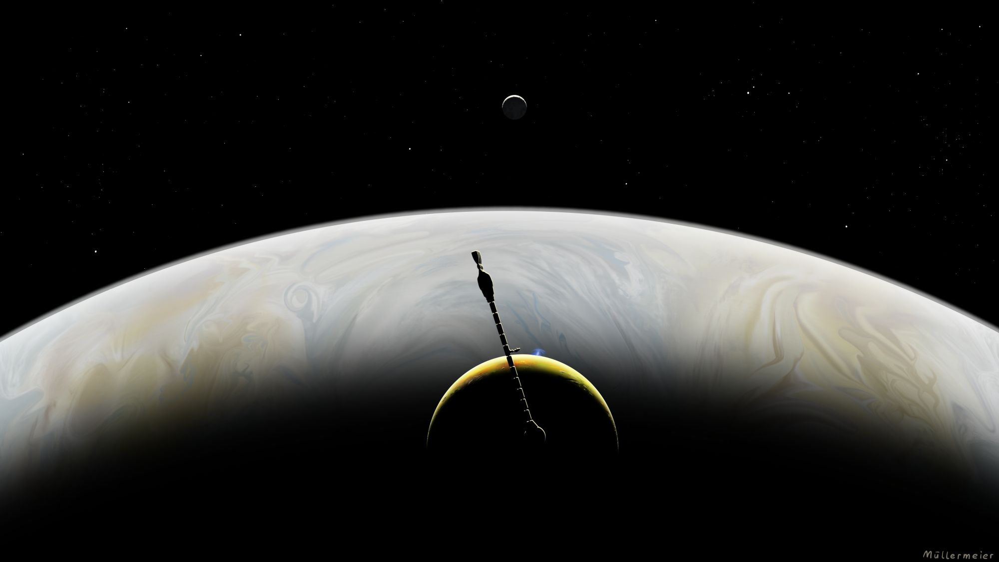 Digital fanart of a scene from space odyssey 2 showing the defunct spacecraft "discovery" in orbit around Io with Jupiter and Ganymede in the background. A volcanic plume is visible on Ios surface. 