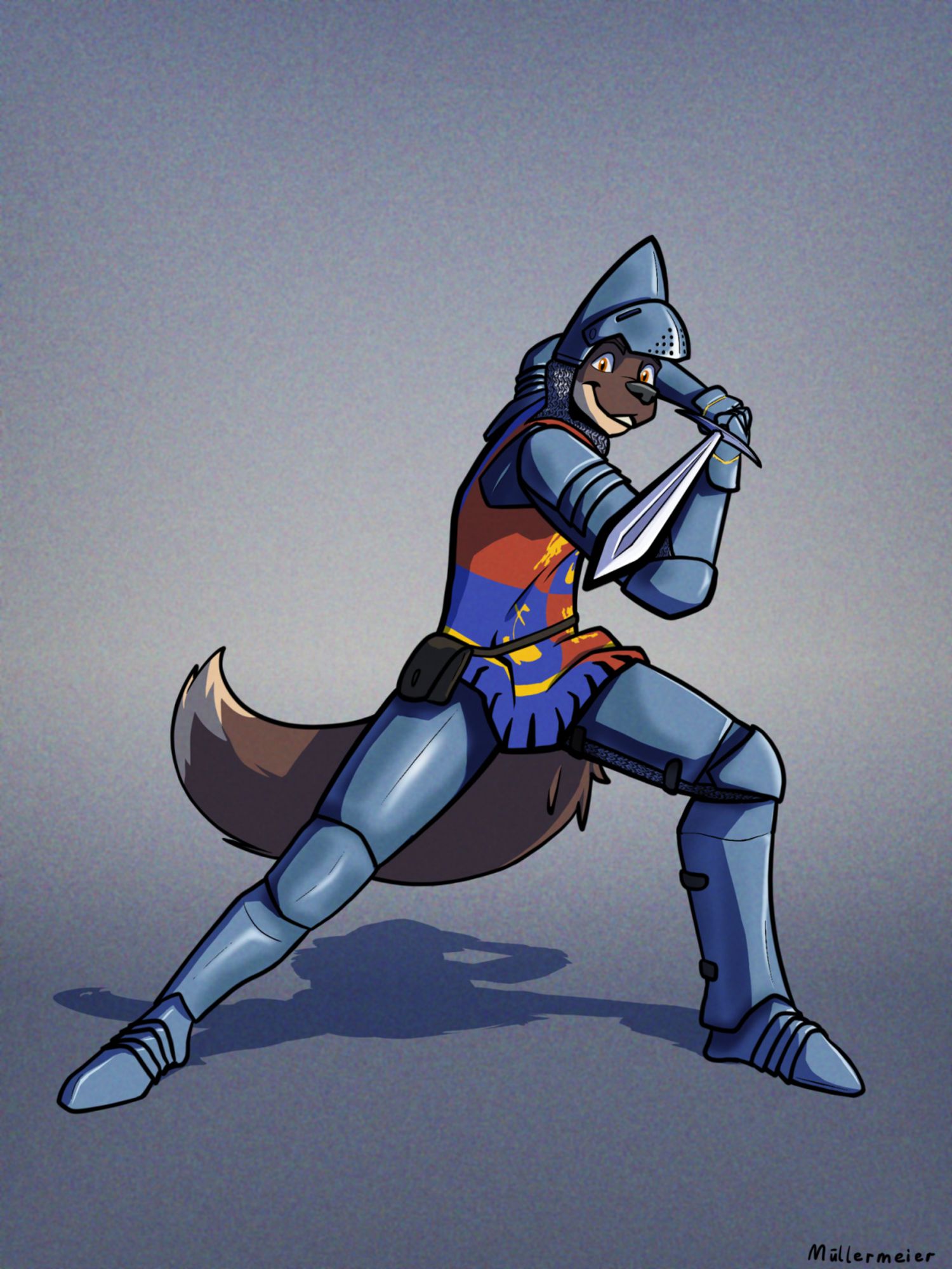 digital drawing of a furry knight with a sword drawn striking a dynamic pose