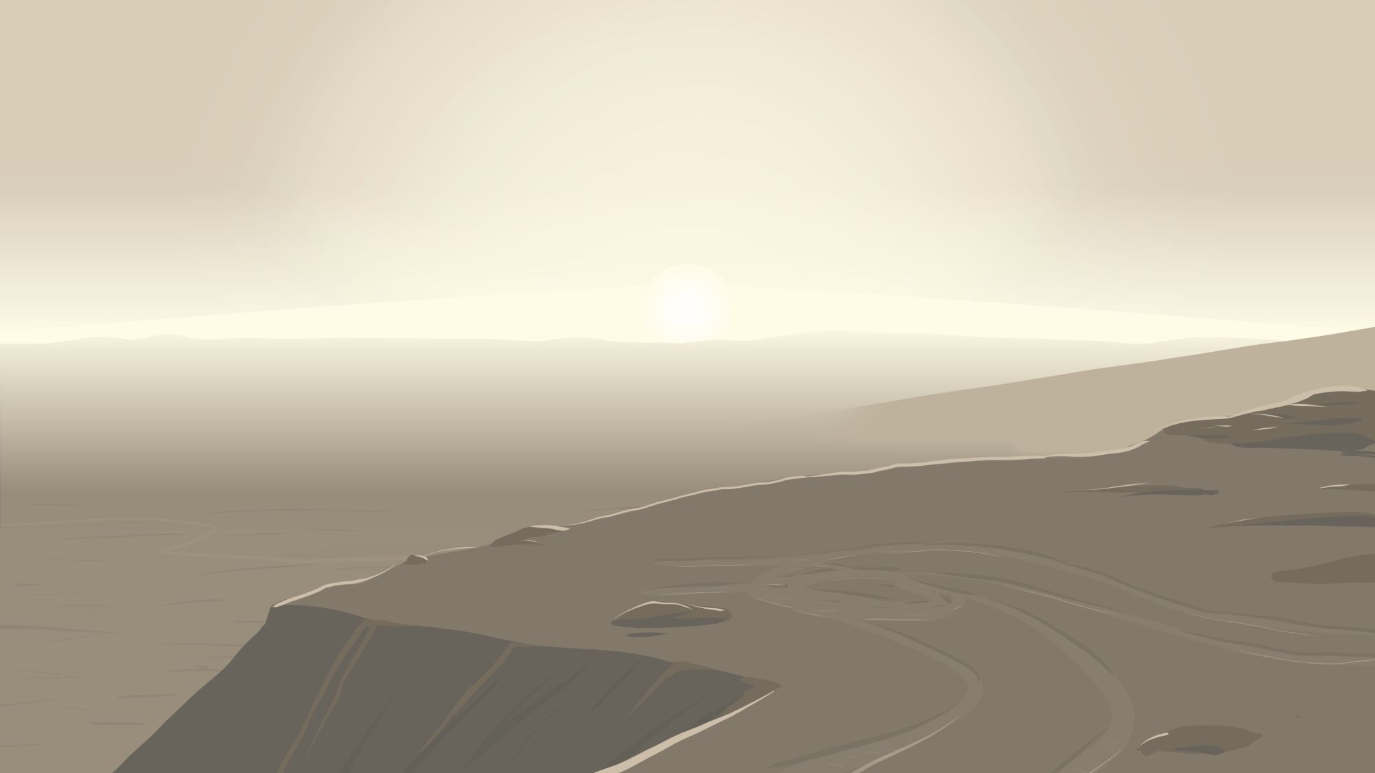 A digital sketch of a desert landscape with a bright sun just above the horizon. Some vehicle tracks are visible in the foreground.  