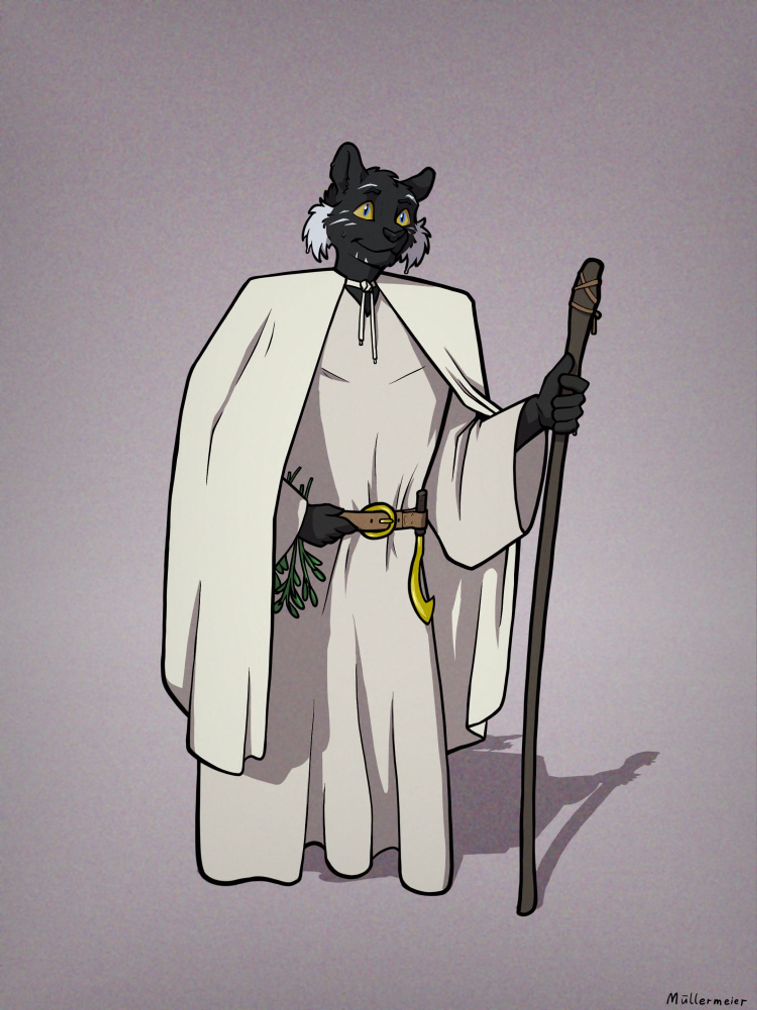 Digital art of a dark goopy feline furry in druid robes. 