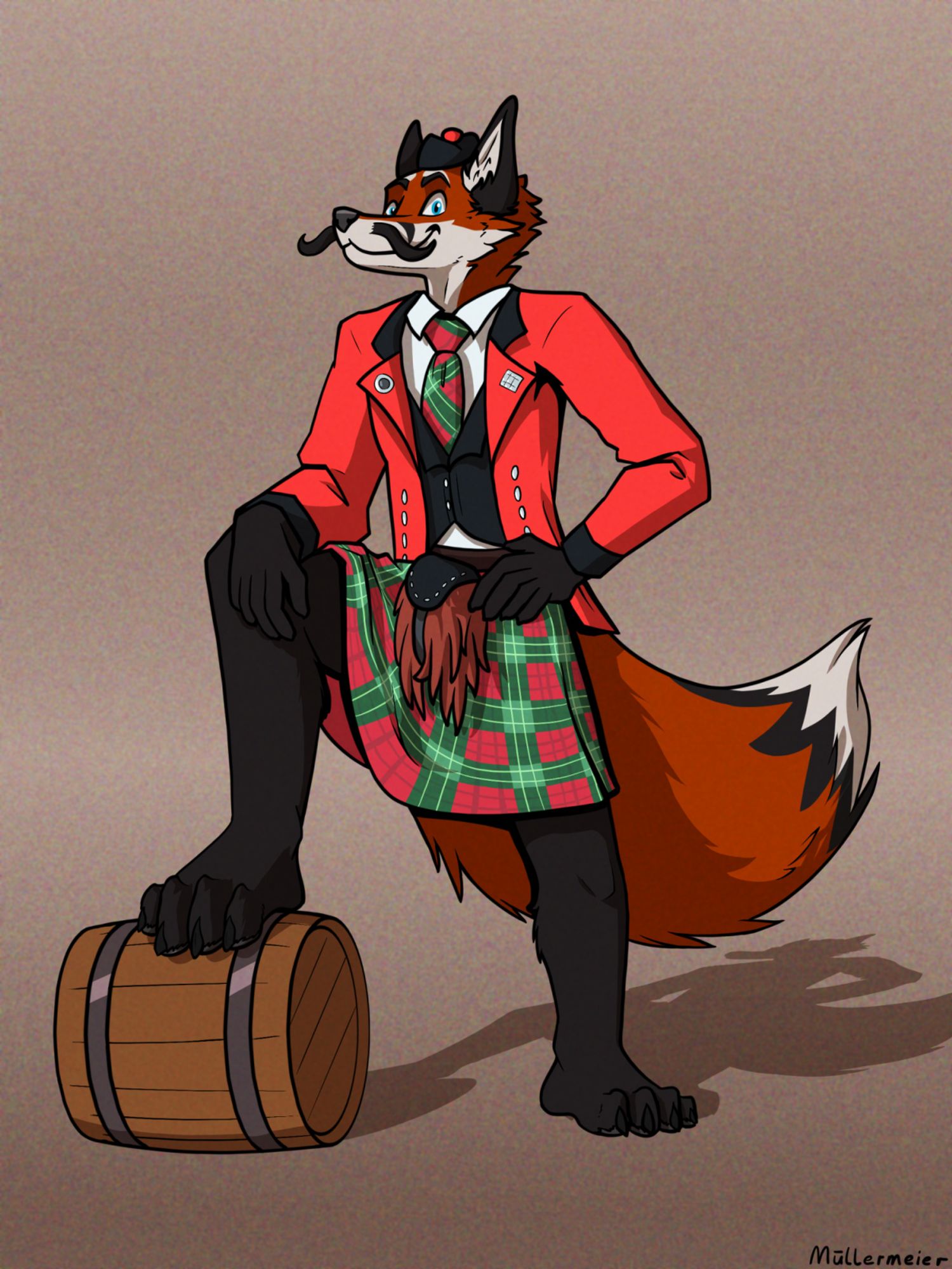 Digital art of a fox in a kilt with one knee on a barrel. 