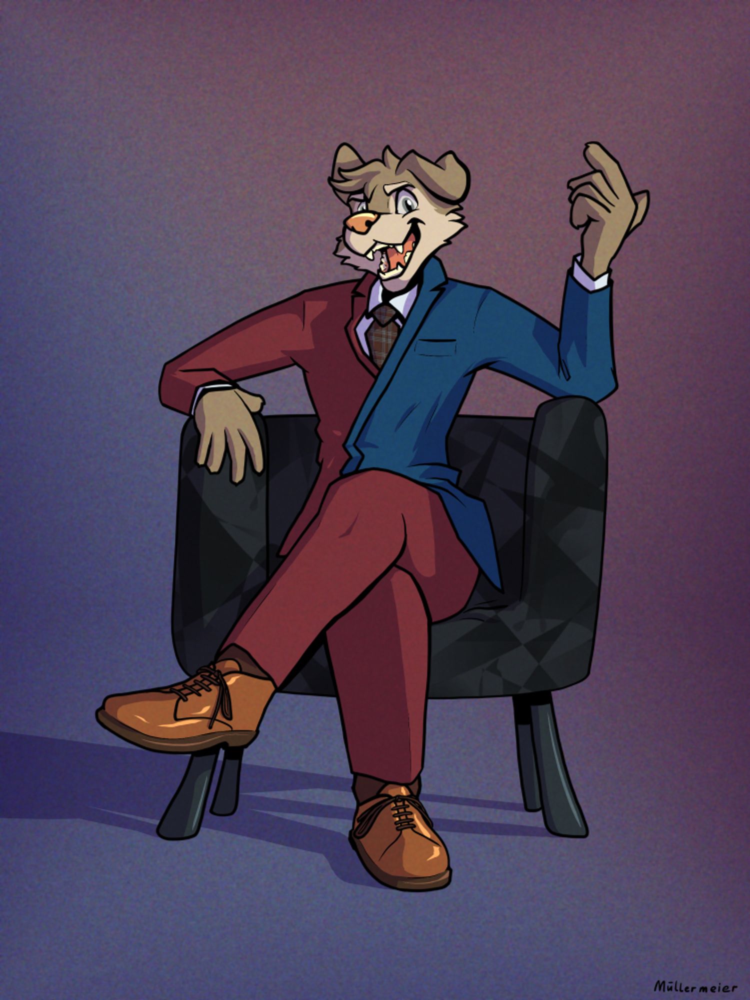 Digital art of a crazy dog in Jordan Petersons crazy suit sitting on a chair.