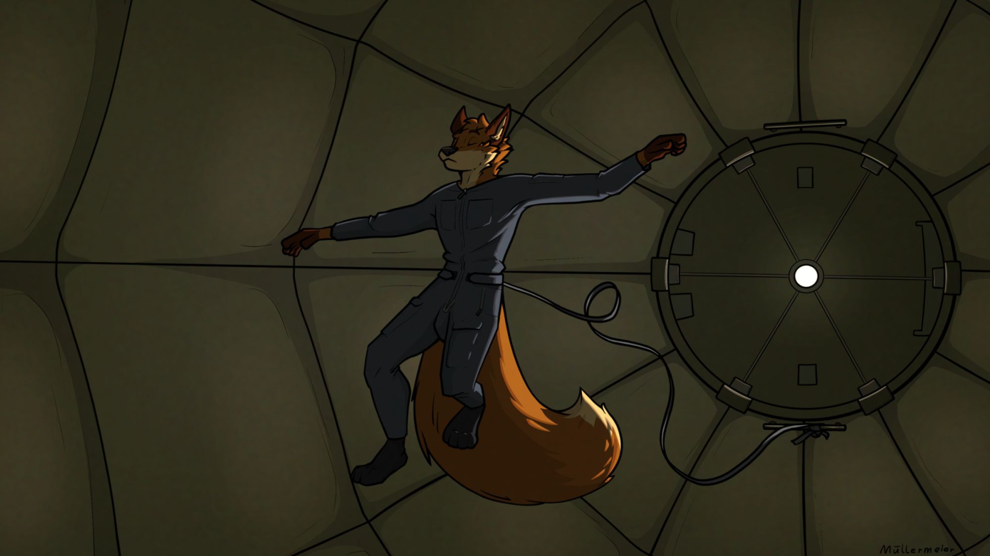 Digital art of a furry calmly floating inside an inflatable habitat module with eyes closed. 