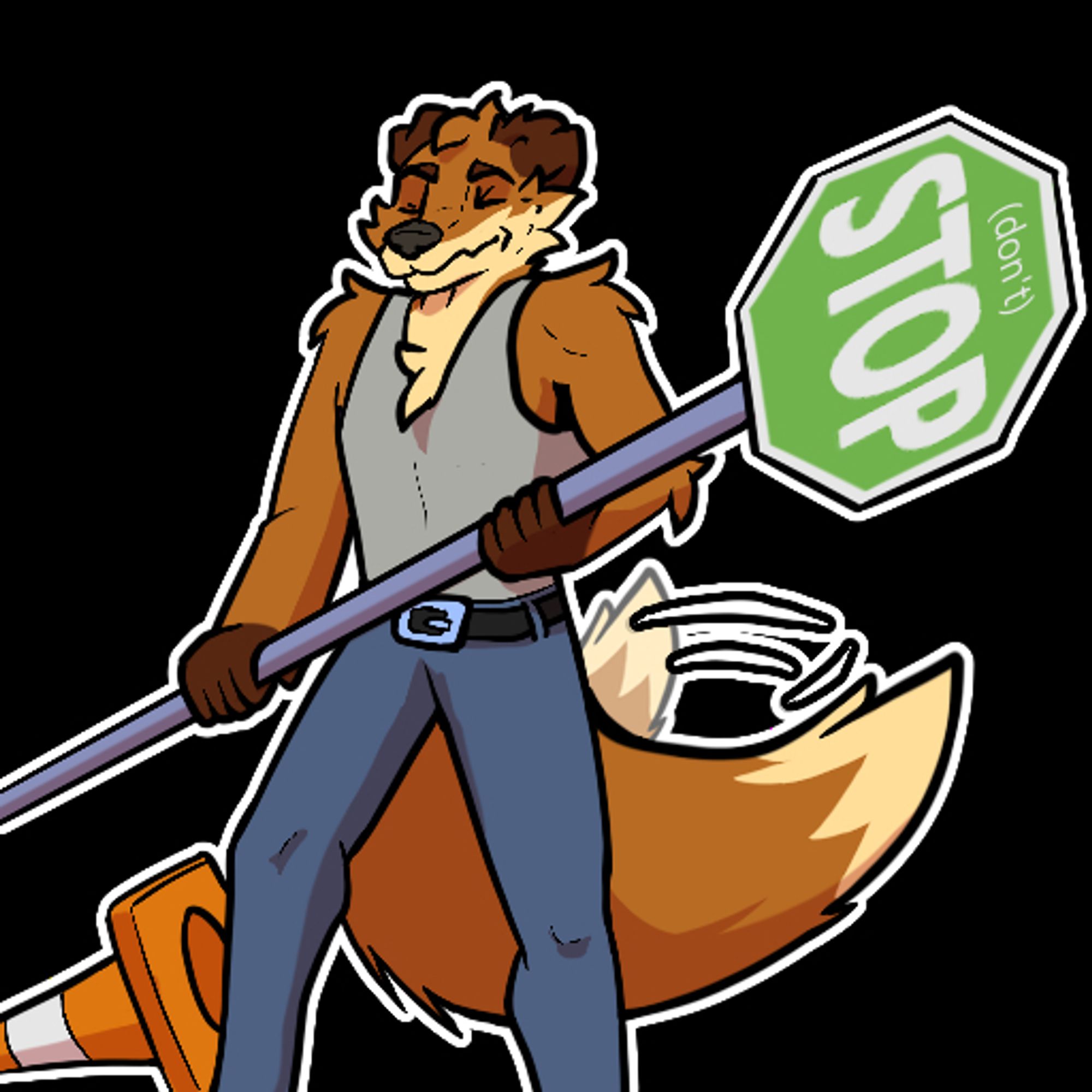 digital art of a furry carrying a stop sign but the sign is green and says dont stop