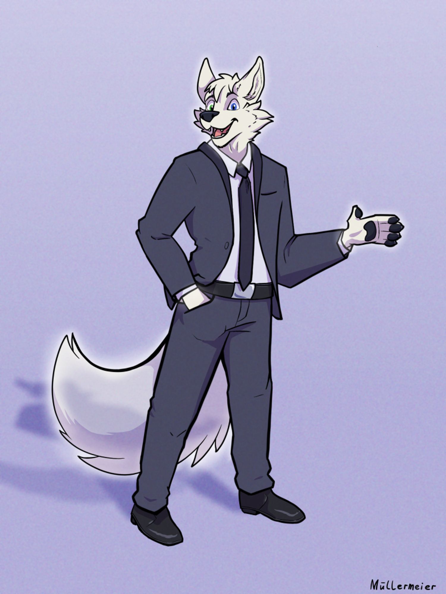 Digital art of a dapper white ghost furry in a dark tuxedo 