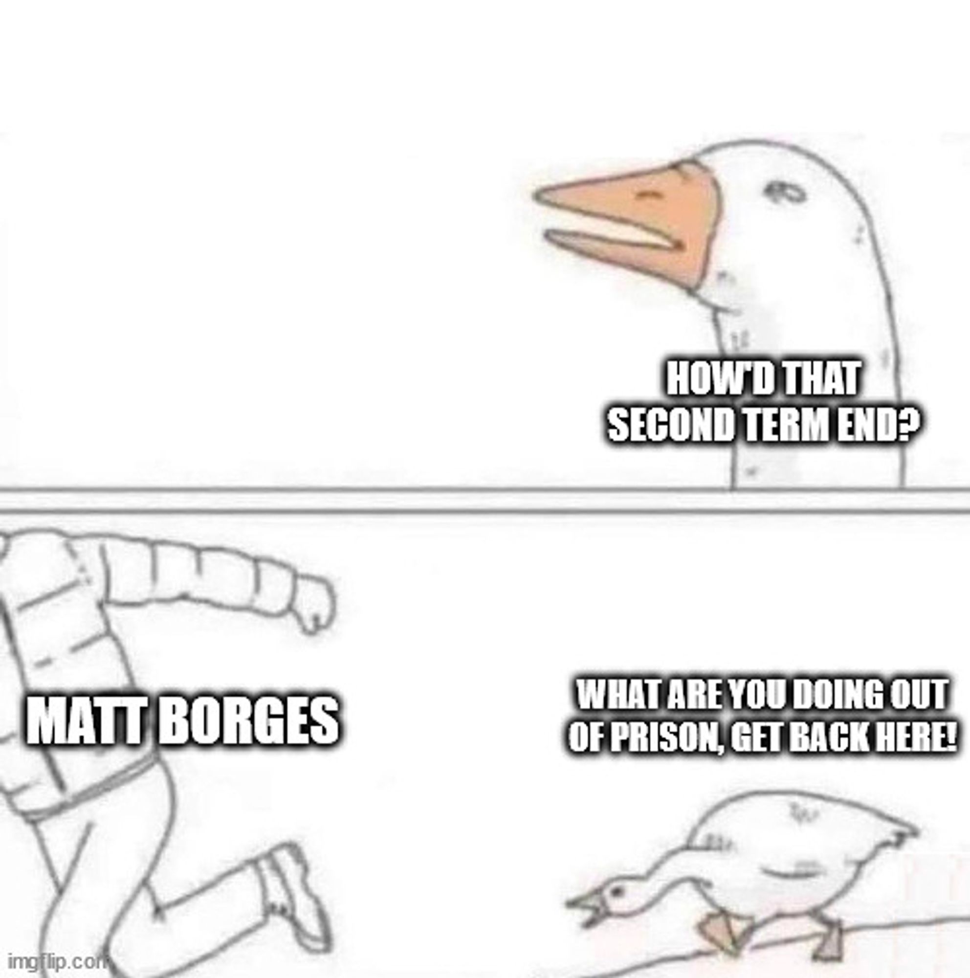 The goose is like "how'd that second term end?" and then a guy running away in a puffy coat is labeled "Matt Borges" and the goose is all like "What are you doing out of prison, get back here!"