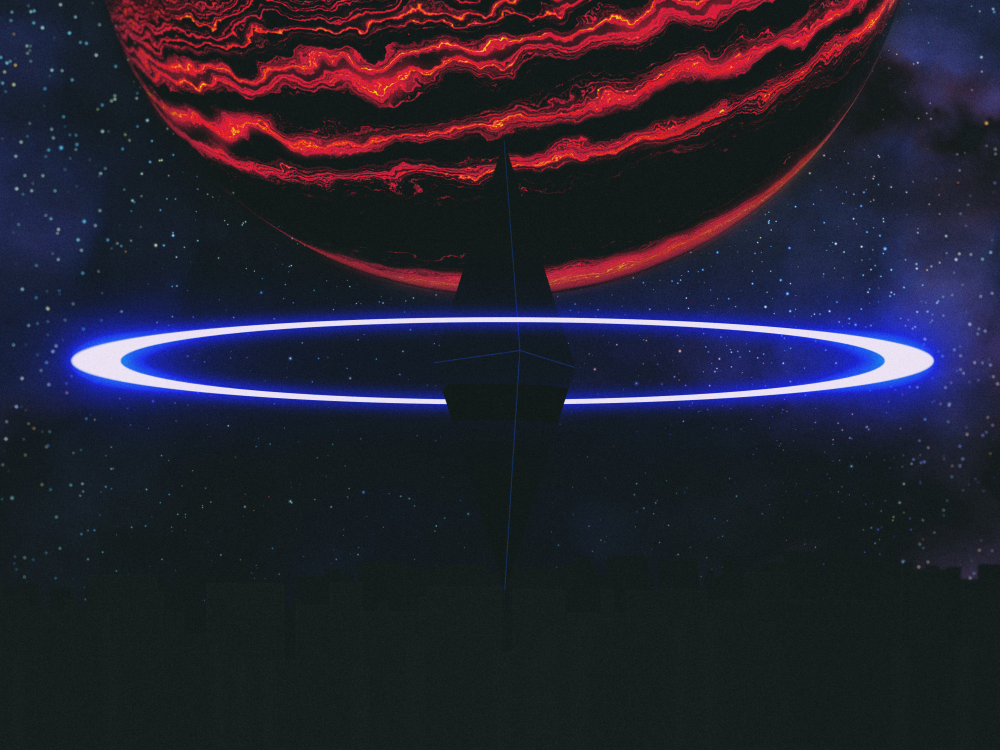 a black, thin diamond stands central, with a giant blue halo. The starry night sky holds a large red, striped gas giant.