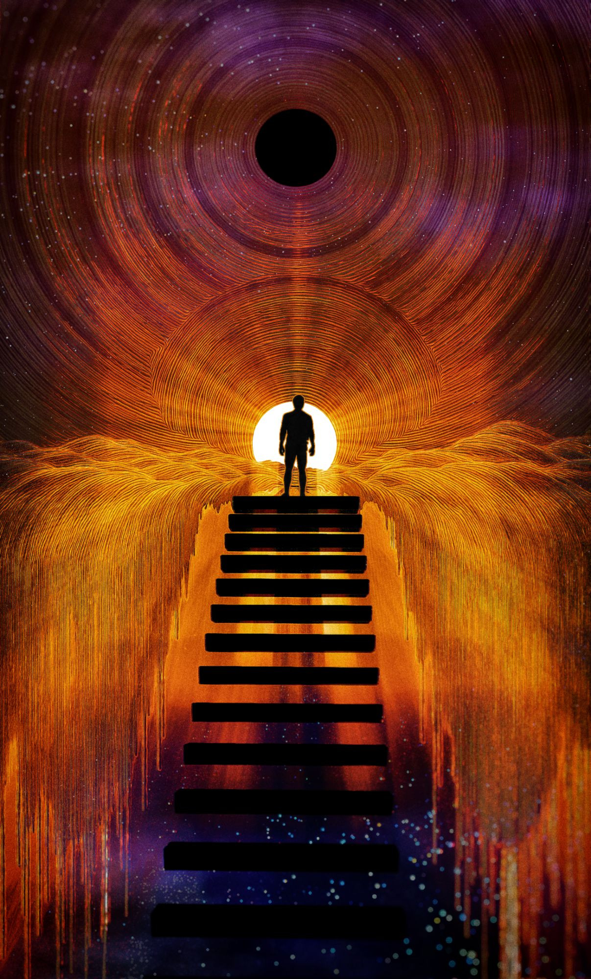 A silhouetted figure, stood at the top of black steps, witnessing a golden, lined ocean dripping of the edge, falling into space, backed by giant glowing concentric circle patterns.