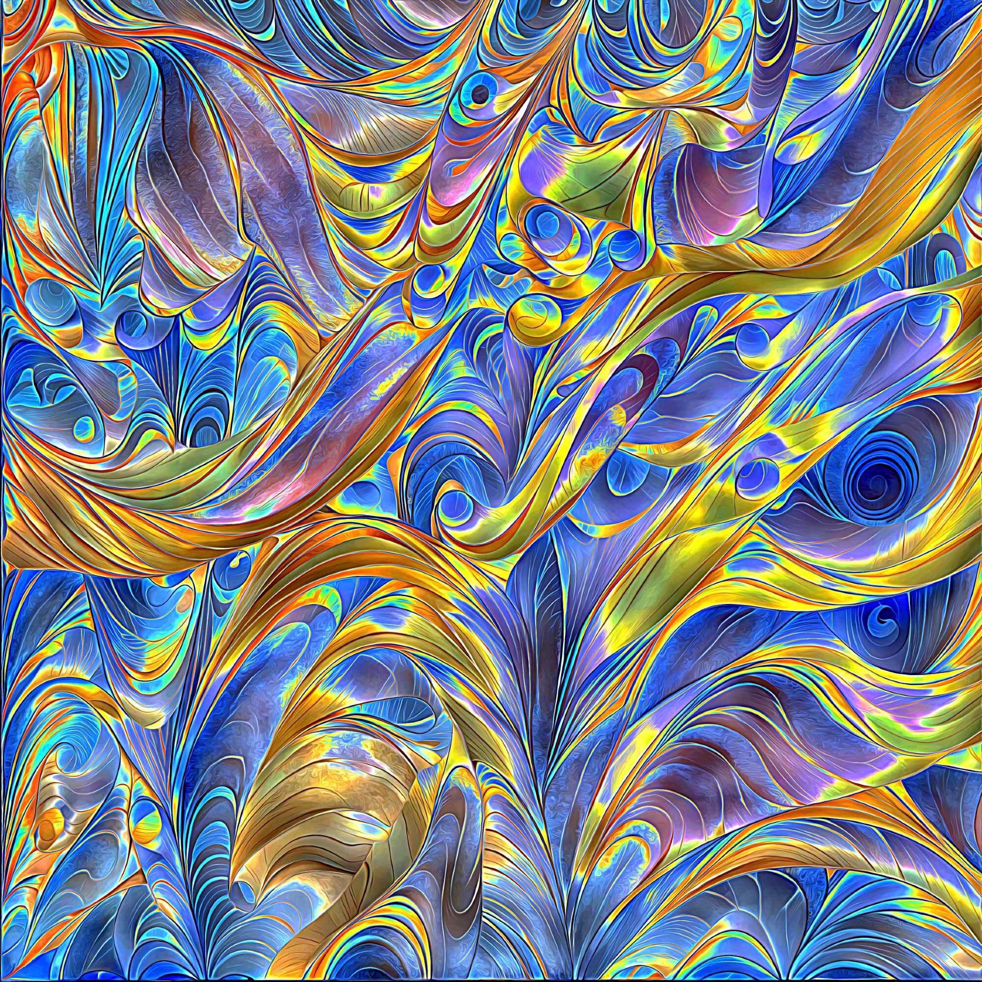 an abstract, psychedelic feathered flowing design.