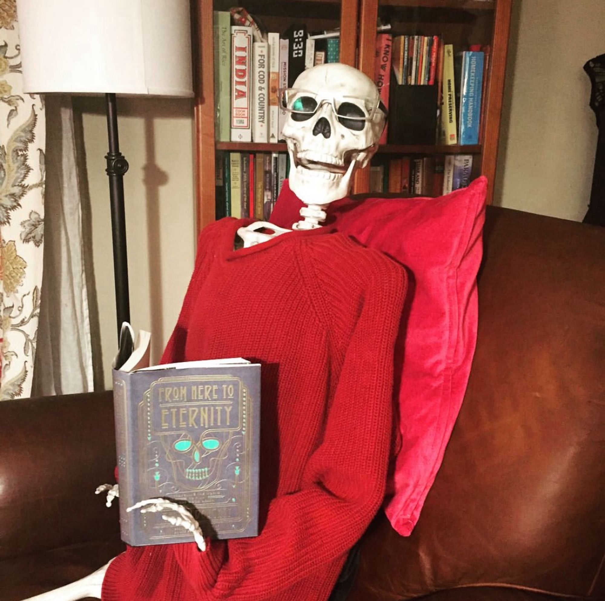 A plastic skeleton wears a red sweater and reading glasses. He sits in a leather chair reading “From Here to Eternity”