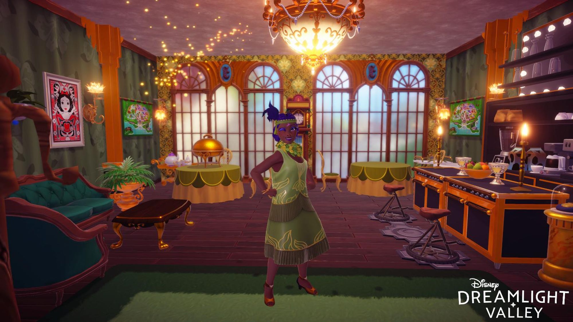 A dark skinned avatar in a green flapper dress with a feather neck boa and headband standing in a gold and green art deco lounge