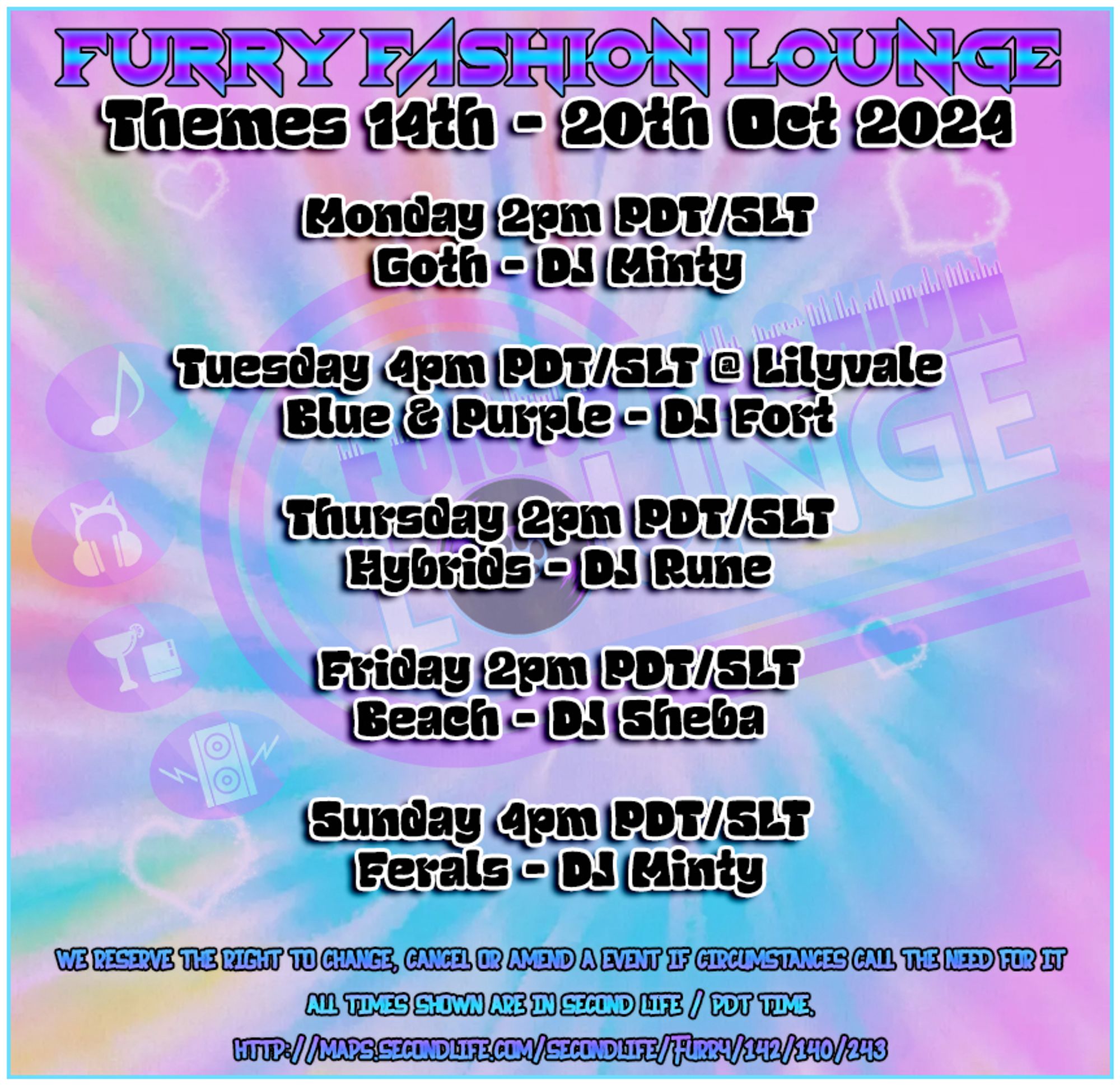 Monday 2pm Goth With DJ Minty
Tuesday 4pm Blue & Purple @ Lilyvale With DJ Fort
Thursday 2pm Hybrids with DJ Rune
Friday 2pm Beach With DJ Sheba and the Pickles
Sunday 4pm Ferals with DJ Minty