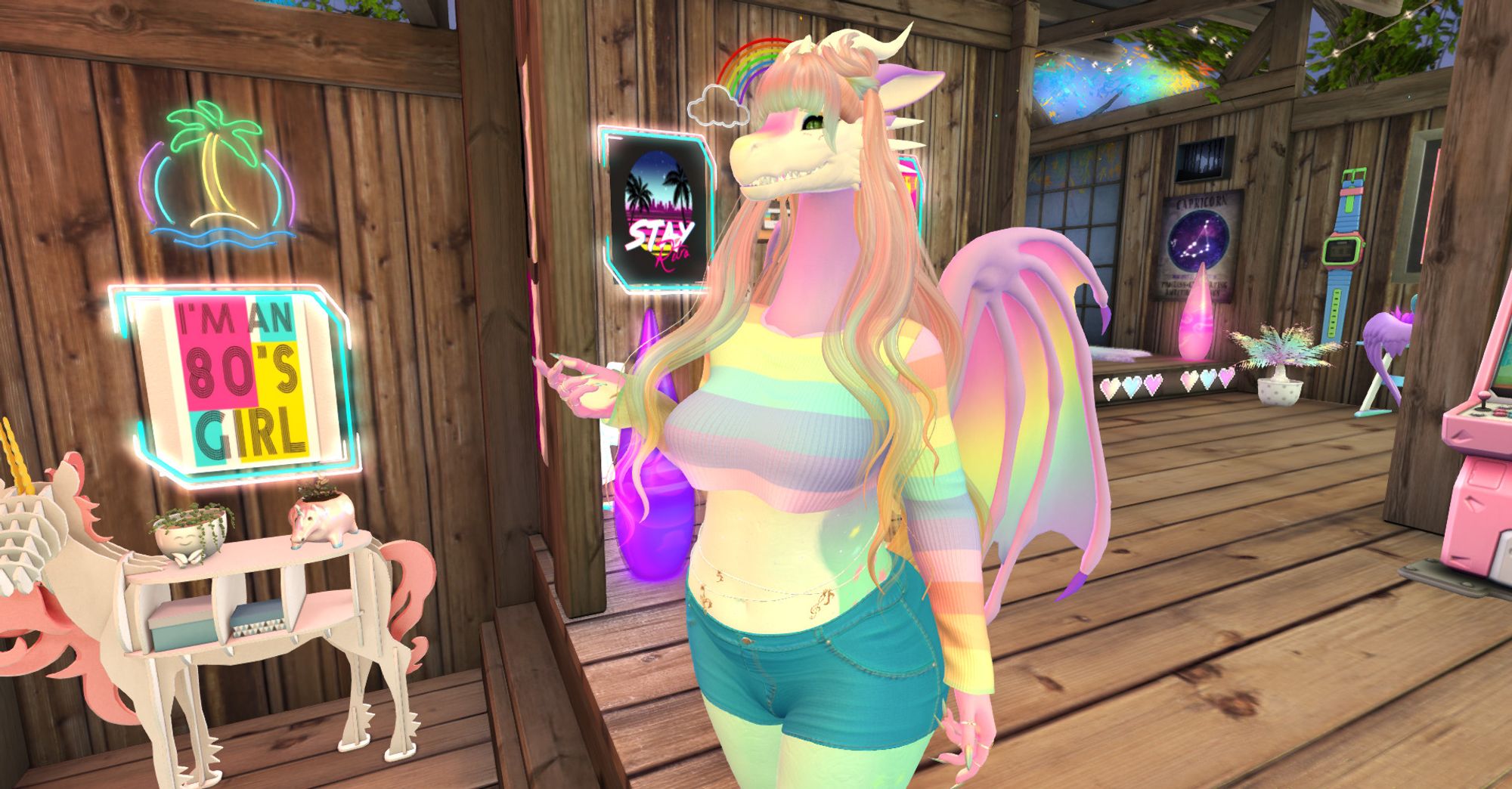 A pastel rainbow anthro dragon. She has long pastel rainbow hair and is wearing a pastel rainbow cropped sweater with blue shorts. She's standing in her home which has wood panel walls and floors and retro, neon colored decorations.