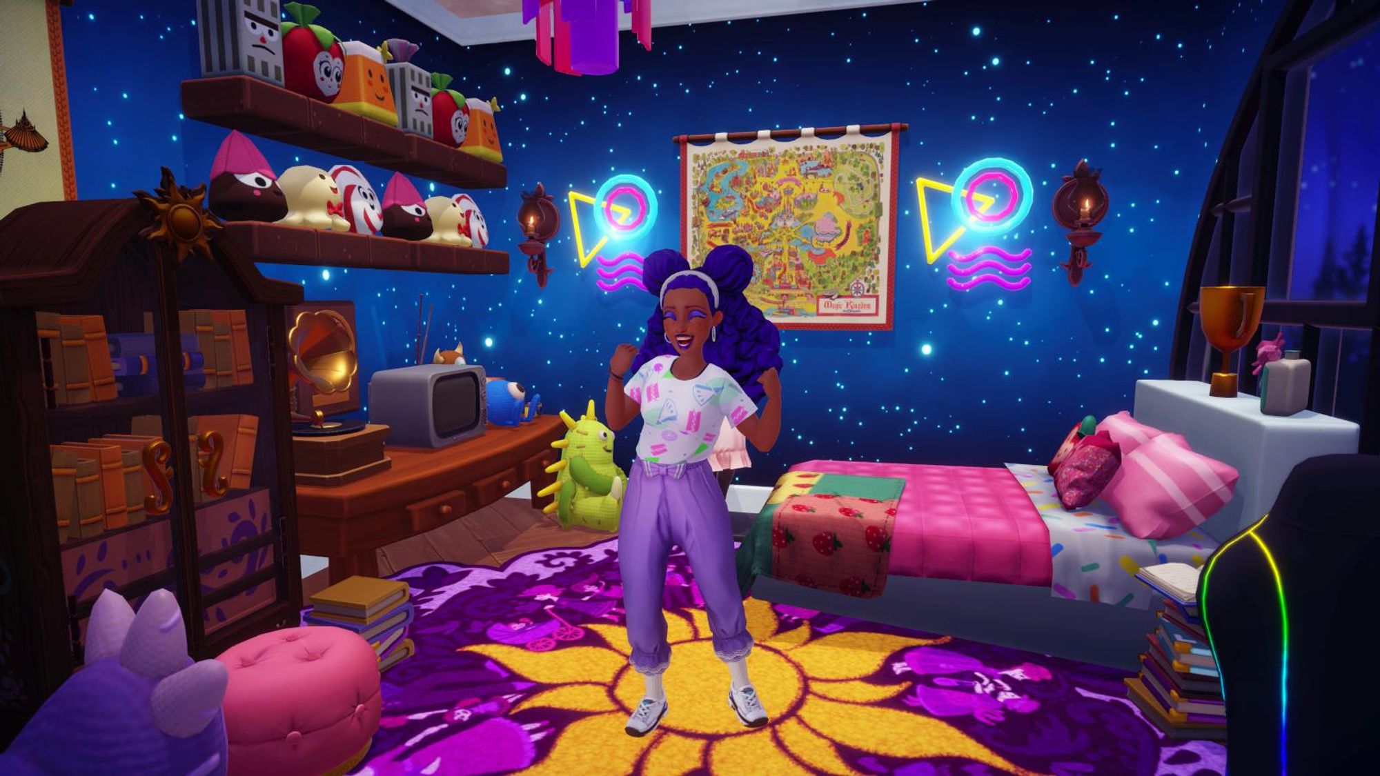 A dark skinned avatar dressed in purple ruffle pants and a geometric shirt standing in a brightly colored room full of plush toys. There's an old style CRT tv on a stand and a comfy looking bed behind her.