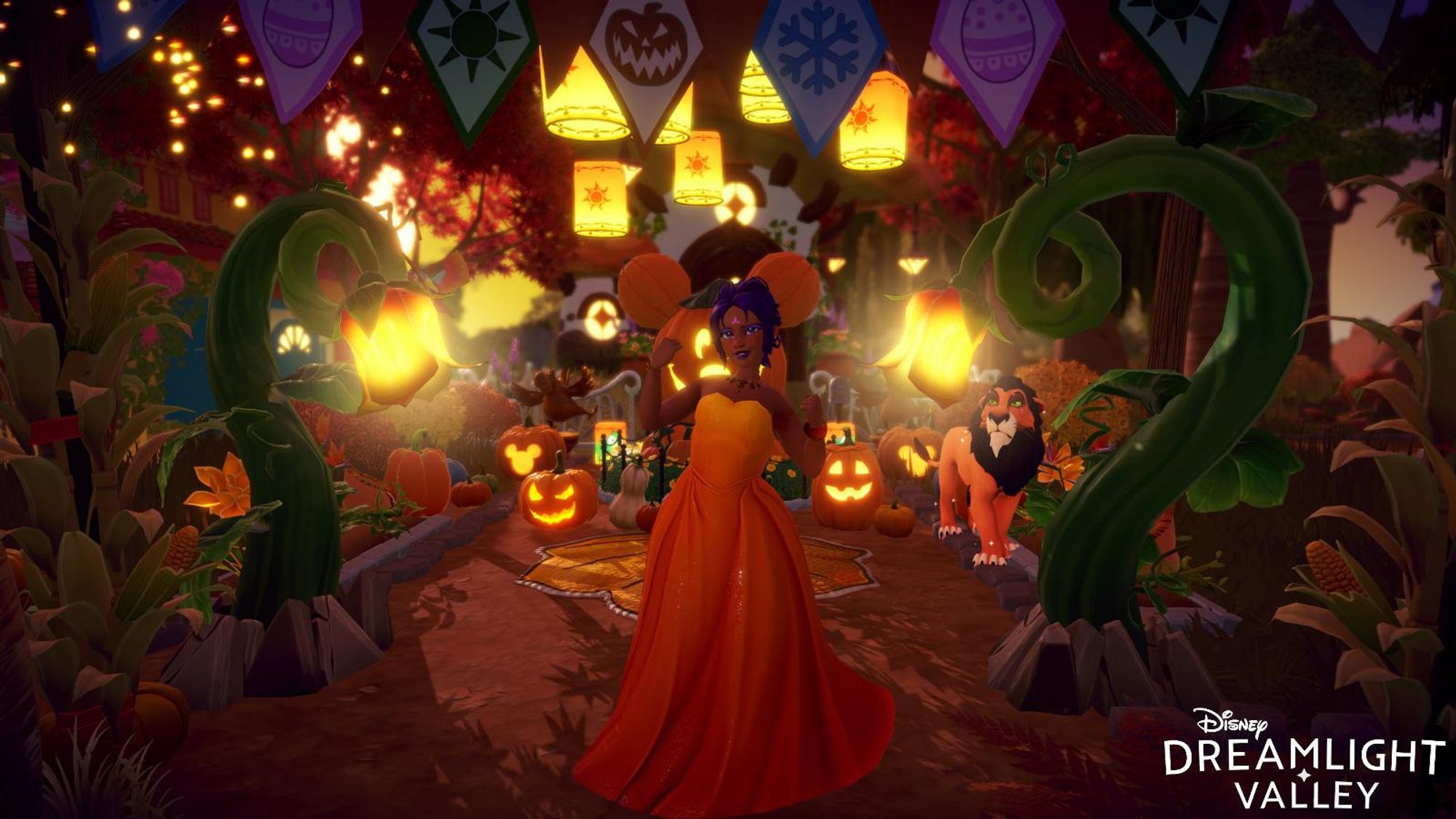 Screenshot of an avatar in a bright orange dress posing with bright yellow and orange lights and many, many pumpkins. Scar is in the background looking unamused