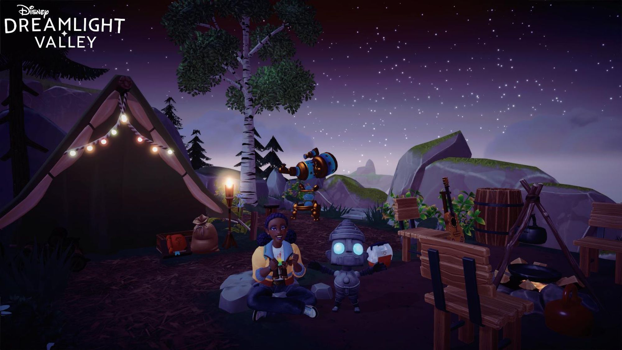 A dark skinned avatar sitting on the ground beside a stone robot with glowing eyes. Behind her is a tent with lights strung across the front and a telescope. In the foreground is a campfire with chairs. It's night and the sky is full of stars.