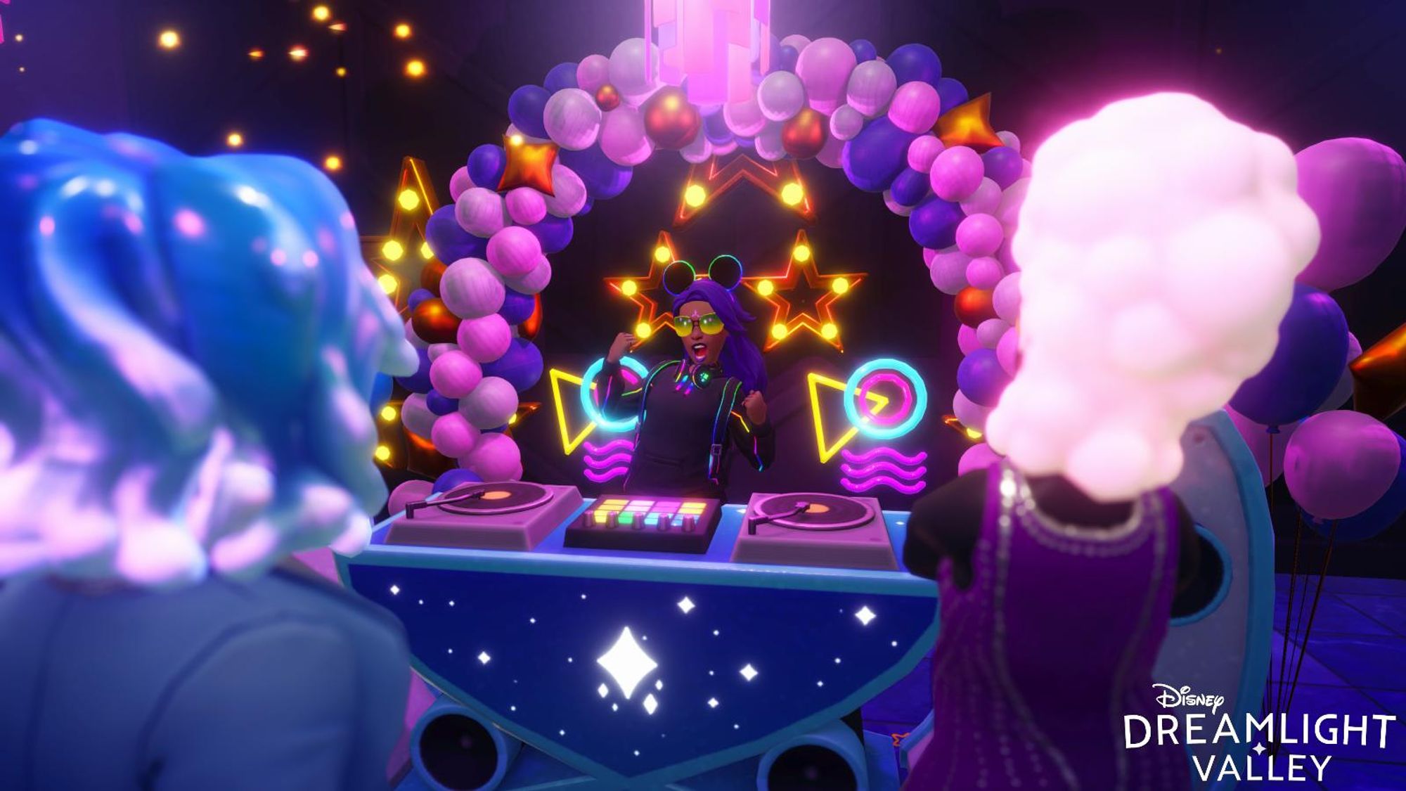 A rave party! An avatar is at a neon DJ booth with a balloon arch behind her. Two figures watch in the foreground