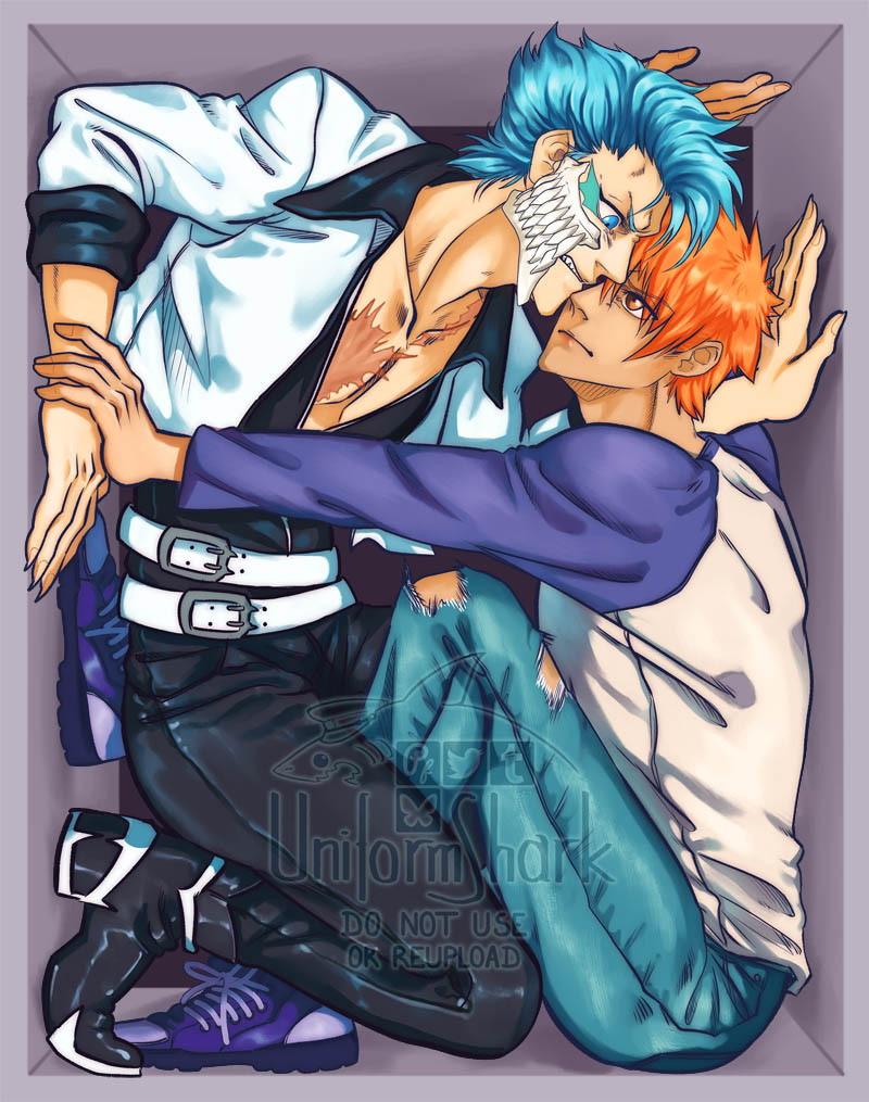 Ichigo and Grimmjow trying to arrange themselves in a tight box space. Grimmjow seems a bit uncomfortable, but Ichigo appears rather confident.