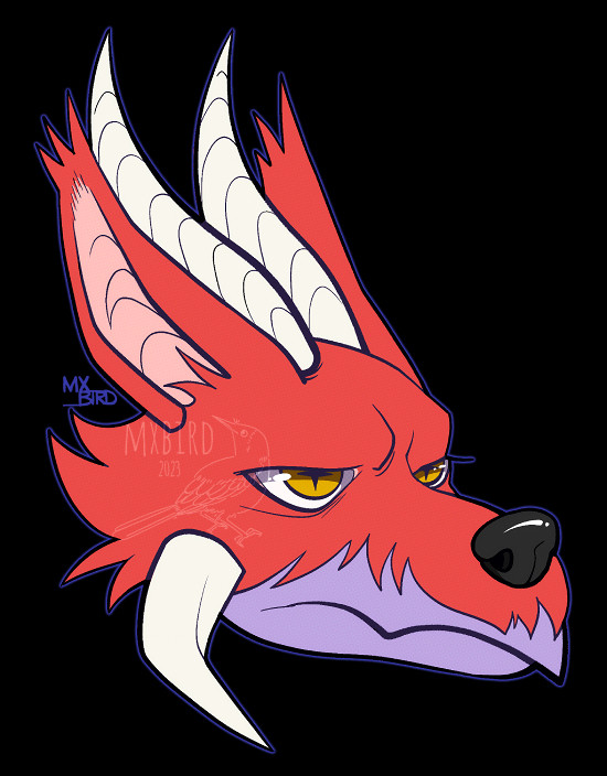 digital art piece. headshot of an unspecified creature with purple skin and what appears to be a beak-like snout looking to the viewer's right. it is wearing the head pelt of a red fox. it has an annoyed expression with yellow eyes and cross pupils. on top of its head are a pair of white horns, and on the sides of its head are another pair that curve forward.