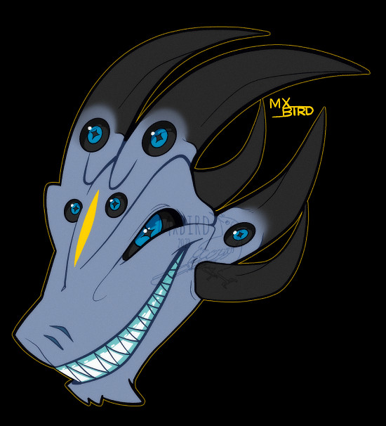 digital art piece. a headshot of a draconic creature with blue skin and four nostrils looks to the viewer's left. it has four pairs of eyes, all with black sclera, blue irises, and cross pupils. its mouth is open in a toothe grin. two large horns sweep back from its head with three other pairs of smaller horns surrounding its head.