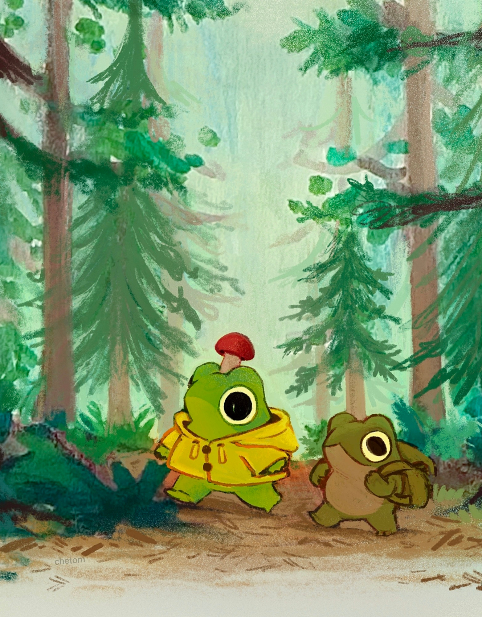 two tiny frogs walking in the woods a frog wearing a mushroom hat Ferdinand frog art by chetom