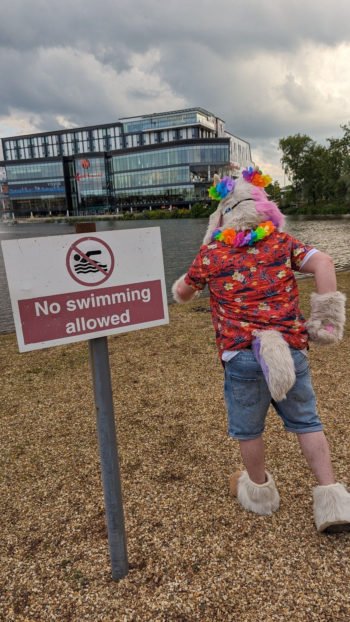 goat fursuiter running towards a lake and past a sign saying "no swimming allowed"