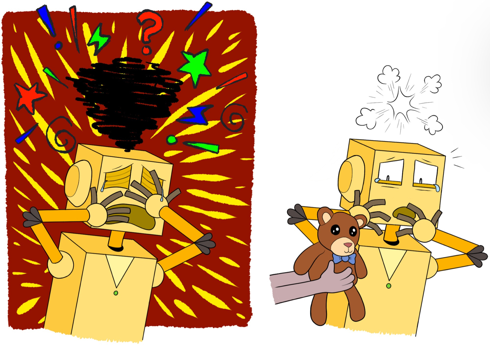 Two of three panels. Tin is now completely overstimulated and crying. Suddenly, he’s snapped out of it by Dog (offscreen) offering him a teddy bear to snuggle for comfort from his stim stuff bag.