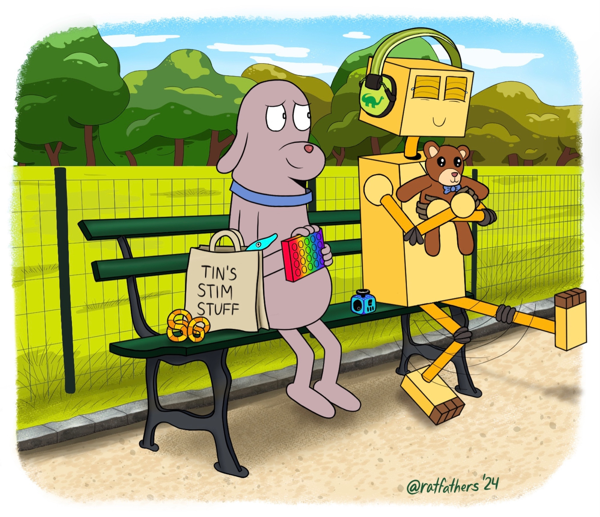 Three of three panels. Tin is now fully calmed down and is hugging the teddy bear from before, swinging his legs as he sits. He’s wearing a pair of noise-cancelling headphones with a dinosaur on the earpiece. Various other stim toys litter the bench as Dog smiles at him, holding a rainbow bubble fidget board.